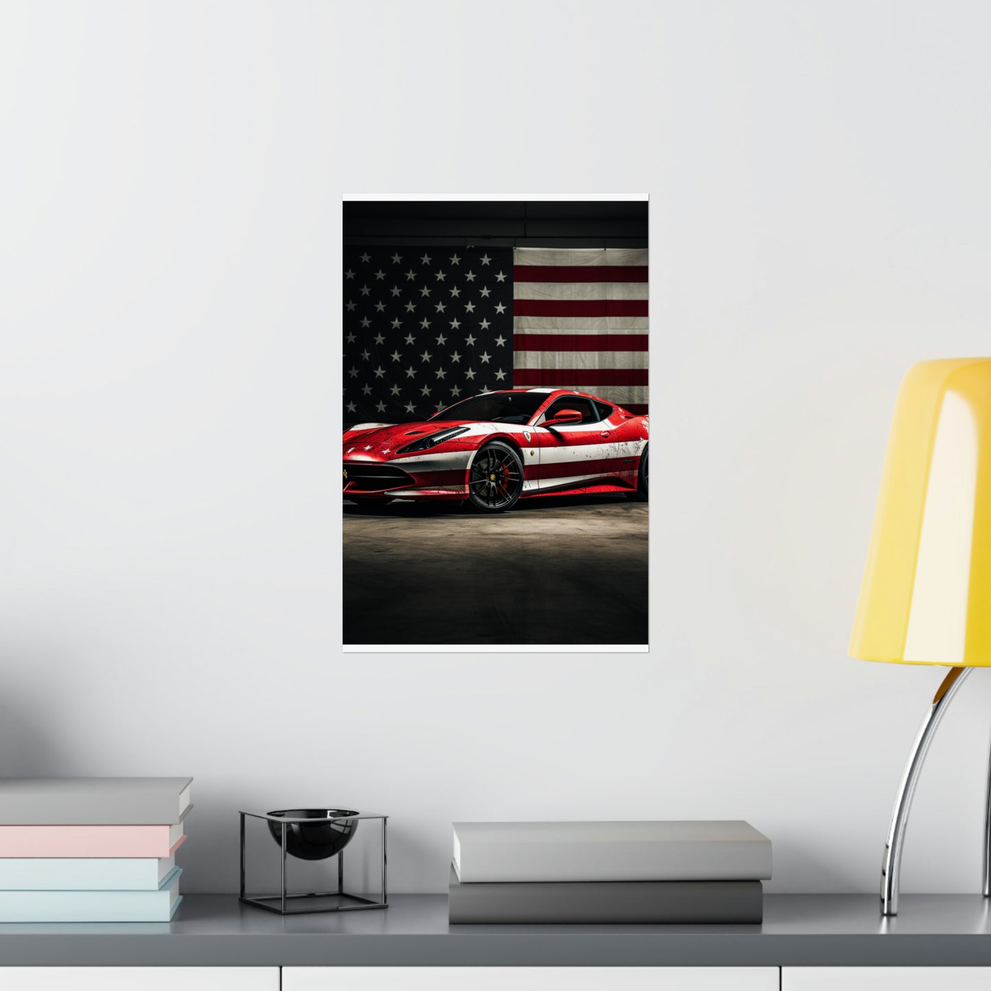 Premium Matte Vertical Posters American Flag Background Ferrari 1