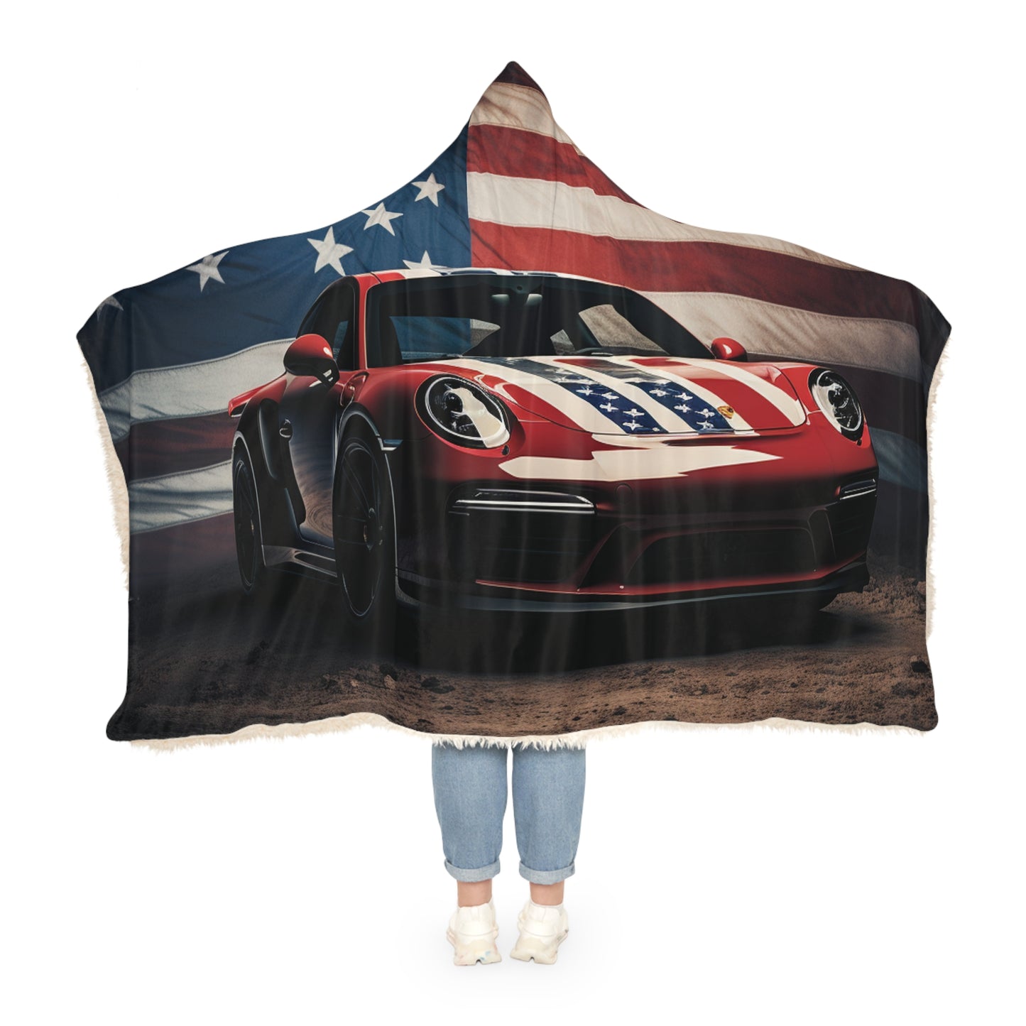 Snuggle Hooded Blanket American Flag Background Porsche 3