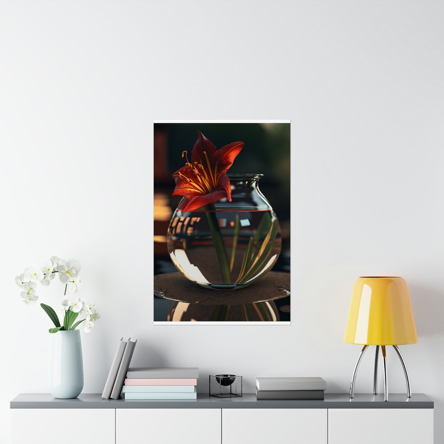 Premium Matte Vertical Posters Red Lily in a Glass vase 2