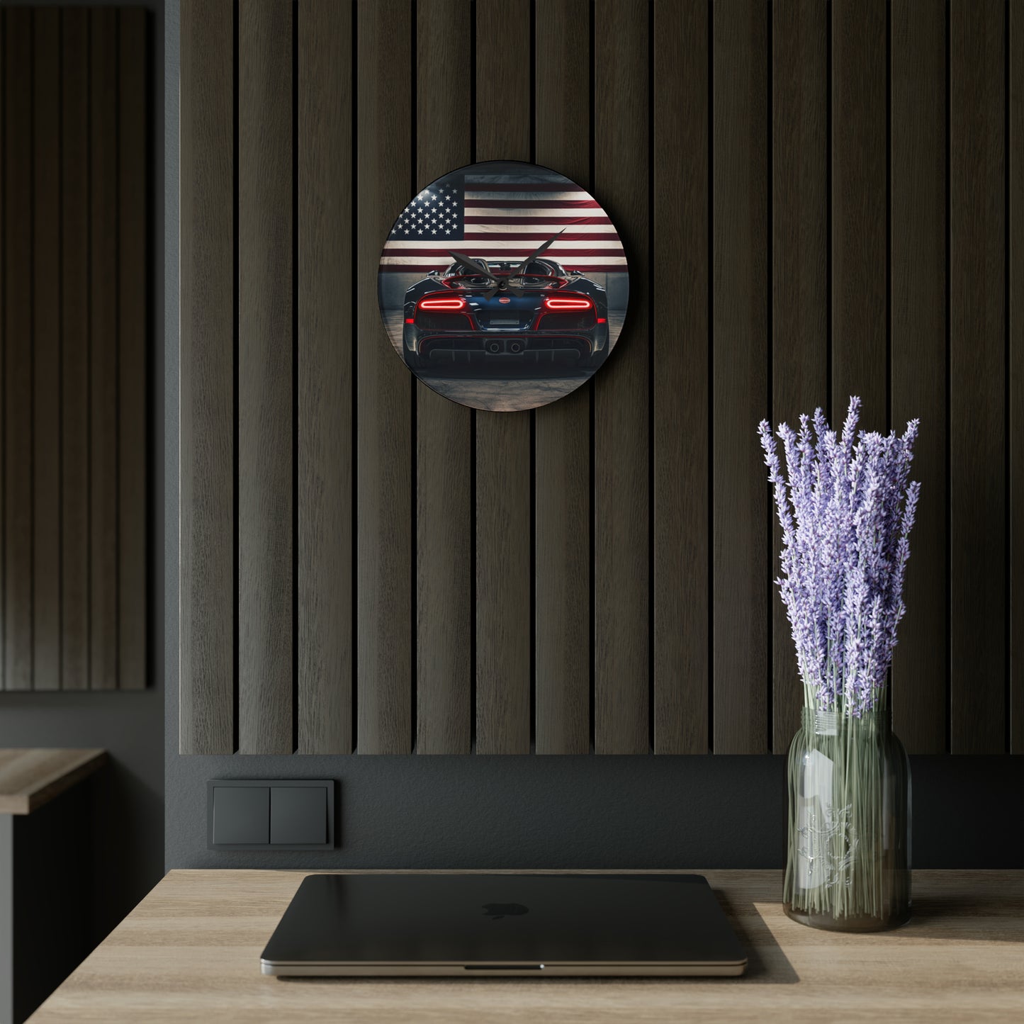 Acrylic Wall Clock American Flag Background Bugatti 4