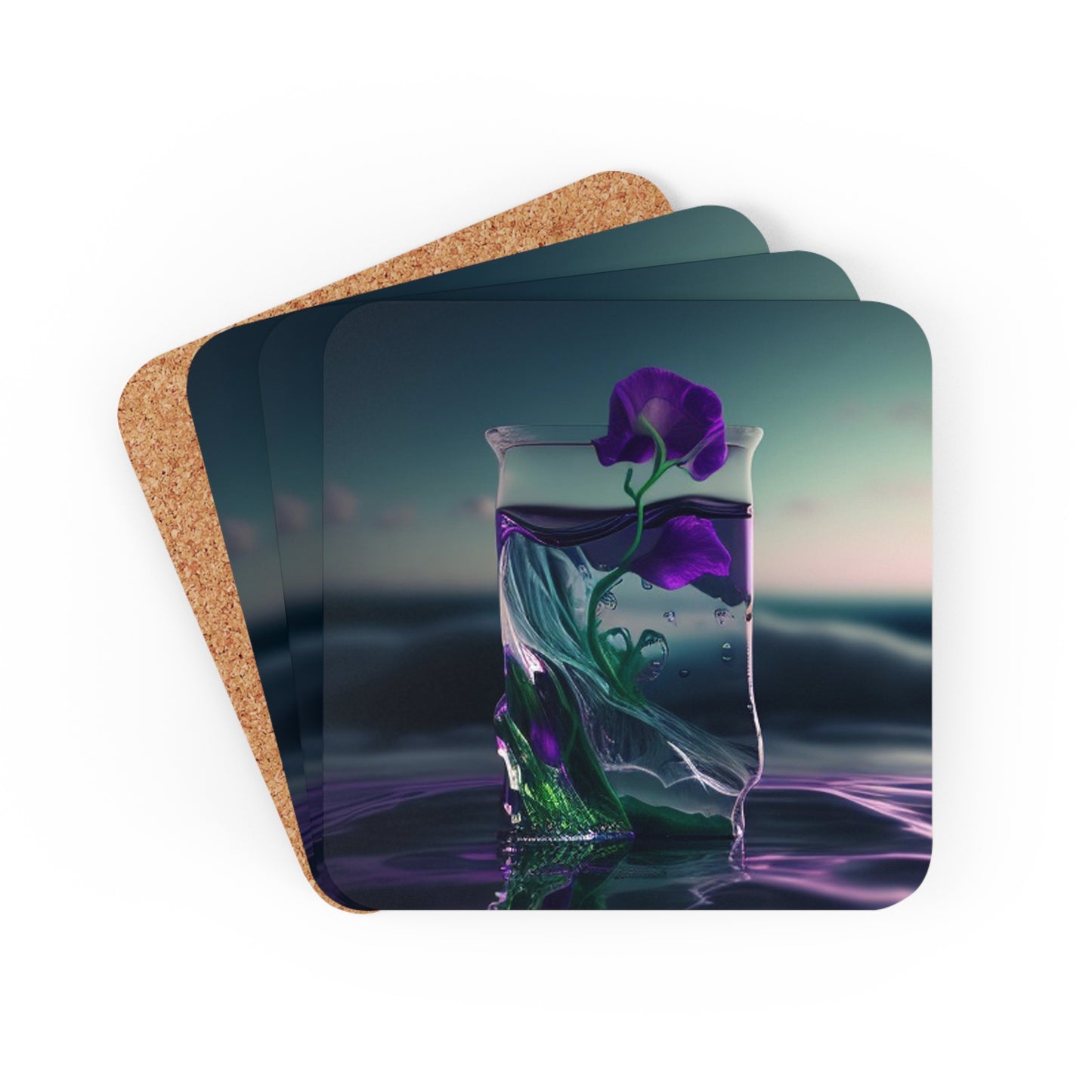 Corkwood Coaster Set Purple Sweet pea in a vase 3