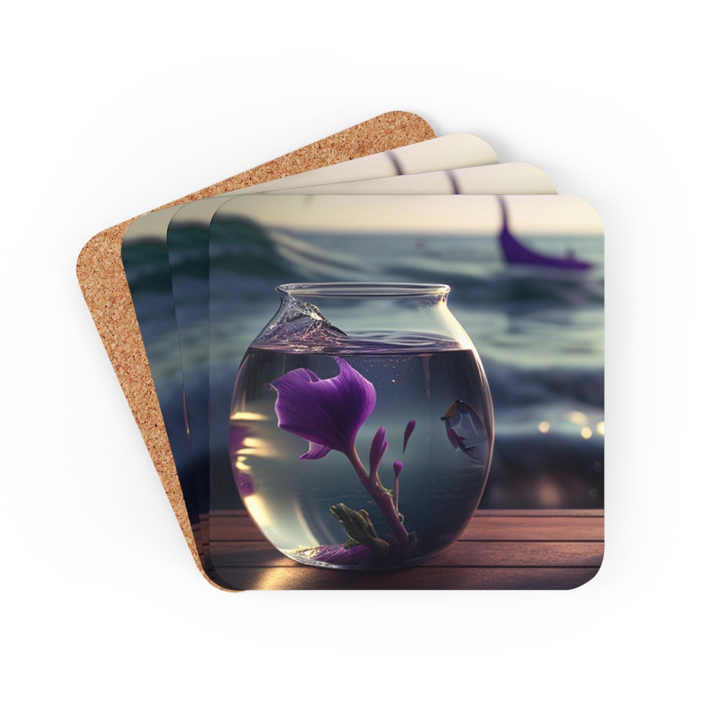 Corkwood Coaster Set Purple Sweet pea in a vase 1