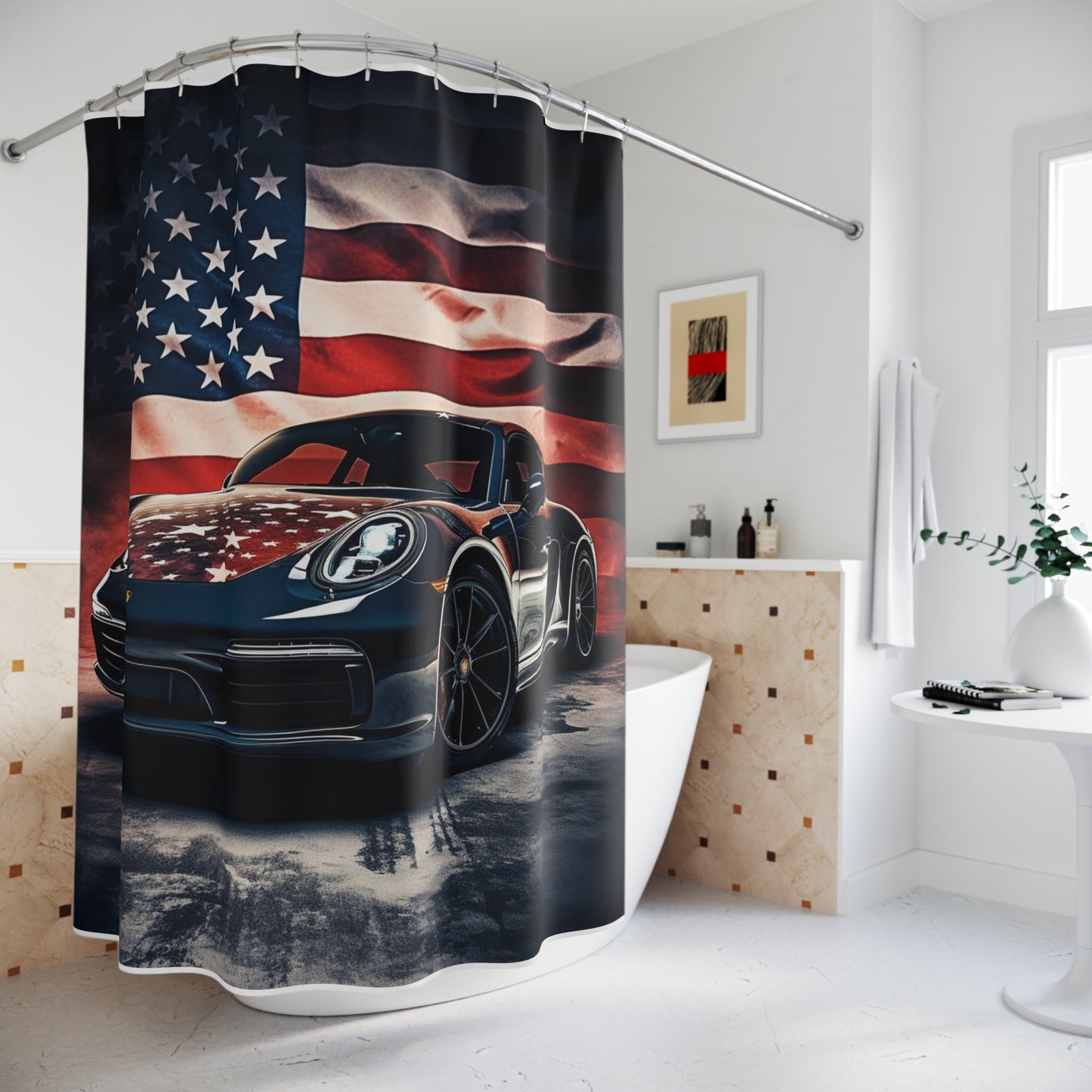 Polyester Shower Curtain Abstract American Flag Background Porsche 2