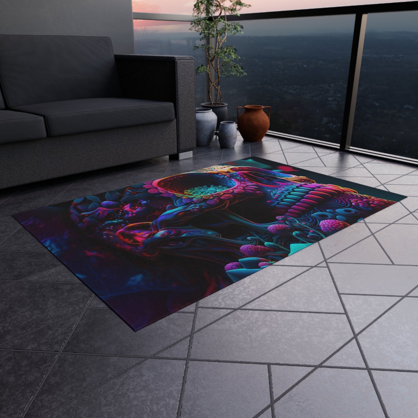 Outdoor Rug  Florescent Skull Death 3
