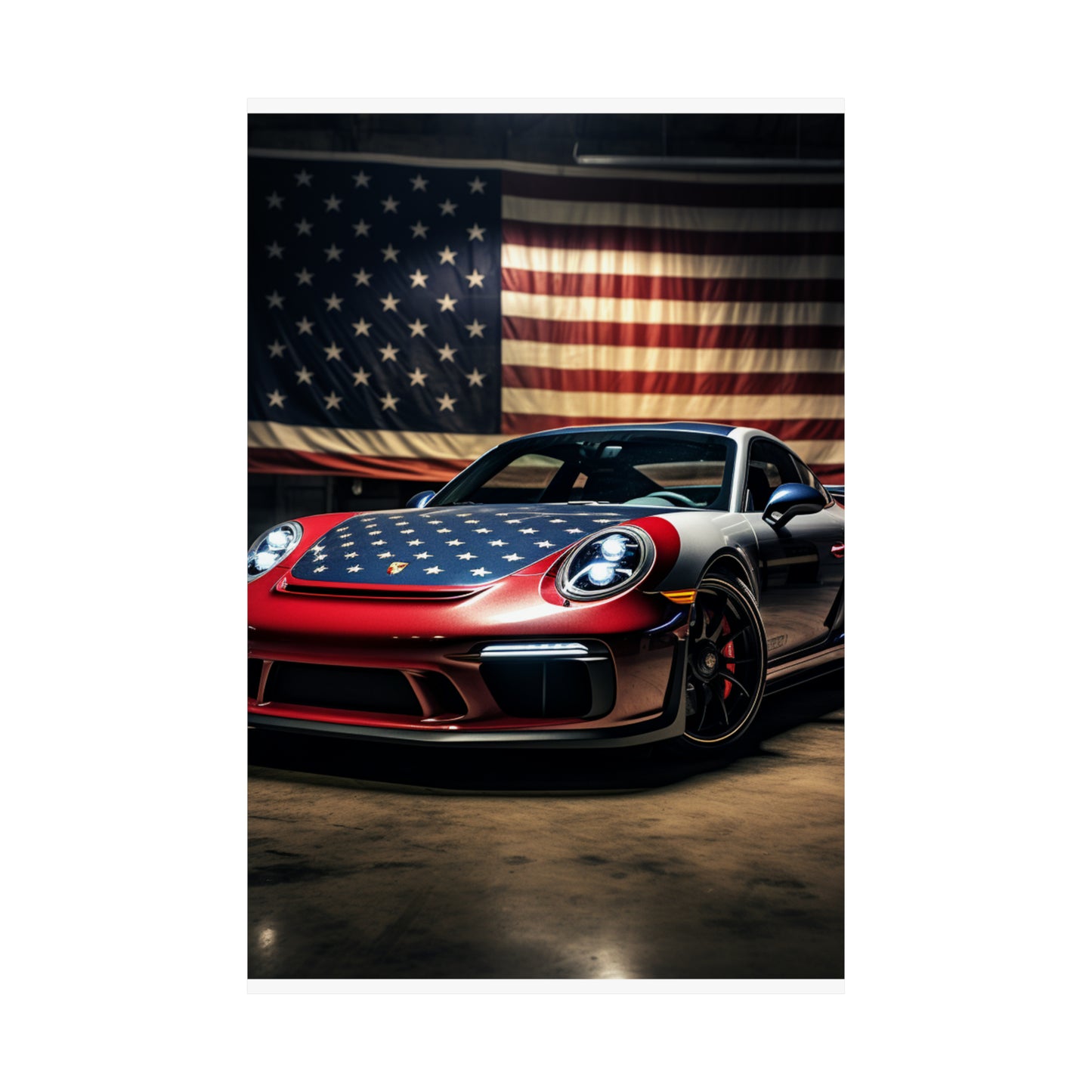 Premium Matte Vertical Posters American Flag Background Porsche 1