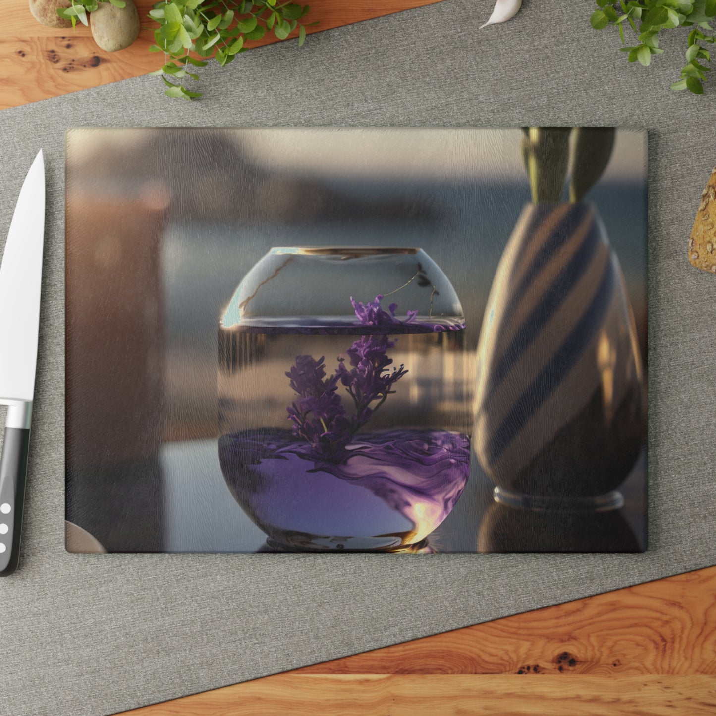 Glass Cutting Board Lavender in a vase 1
