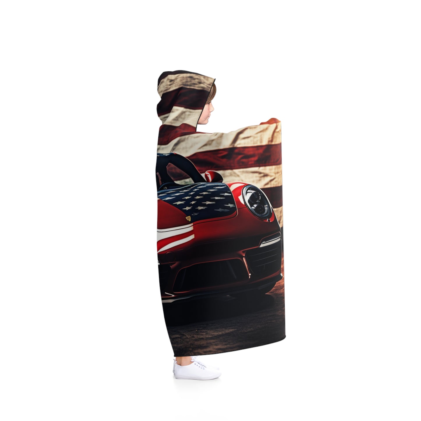 Hooded Blanket American Flag Background Porsche 2