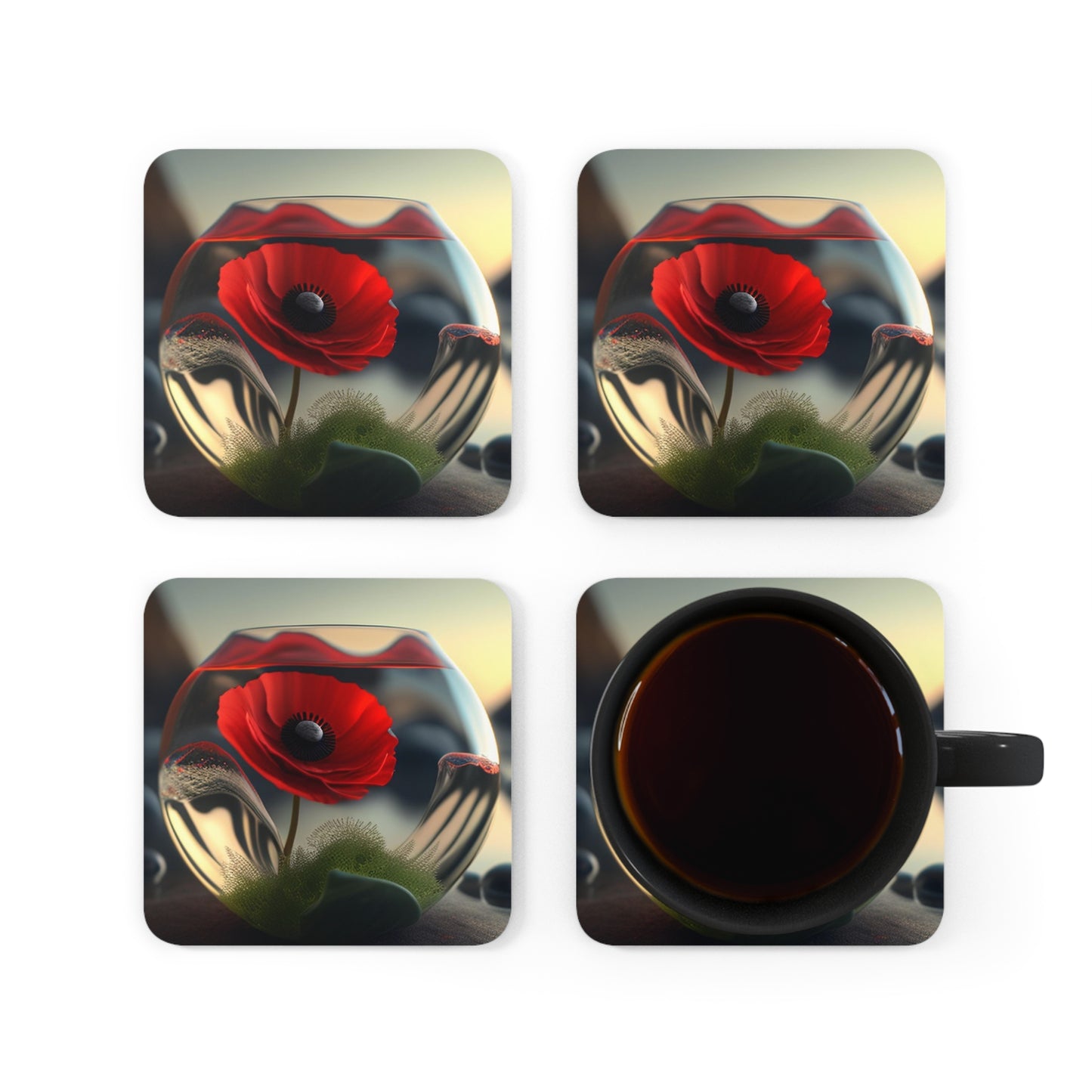 Corkwood Coaster Set Red Anemone in a Vase 3