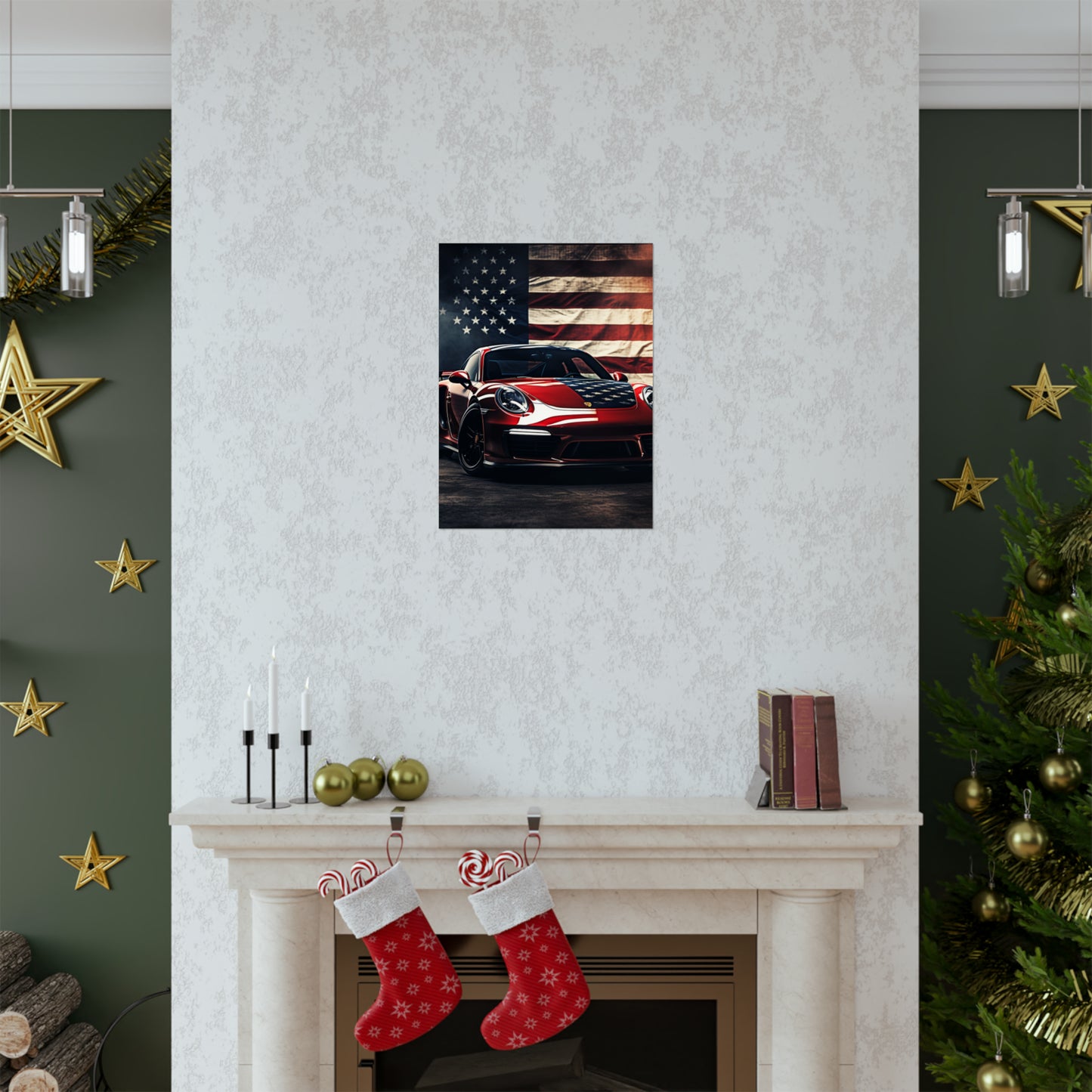 Premium Matte Vertical Posters American Flag Background Porsche 2