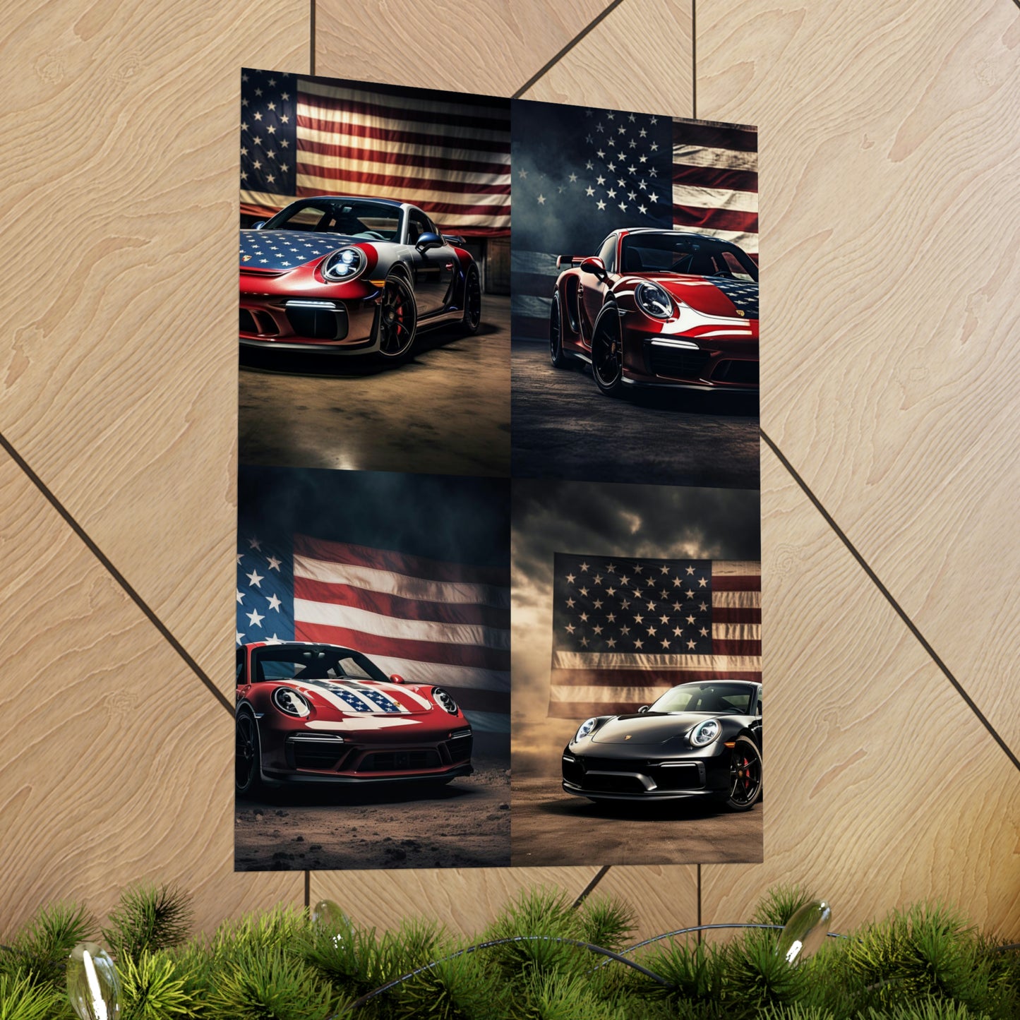 Premium Matte Vertical Posters American Flag Background Porsche 5