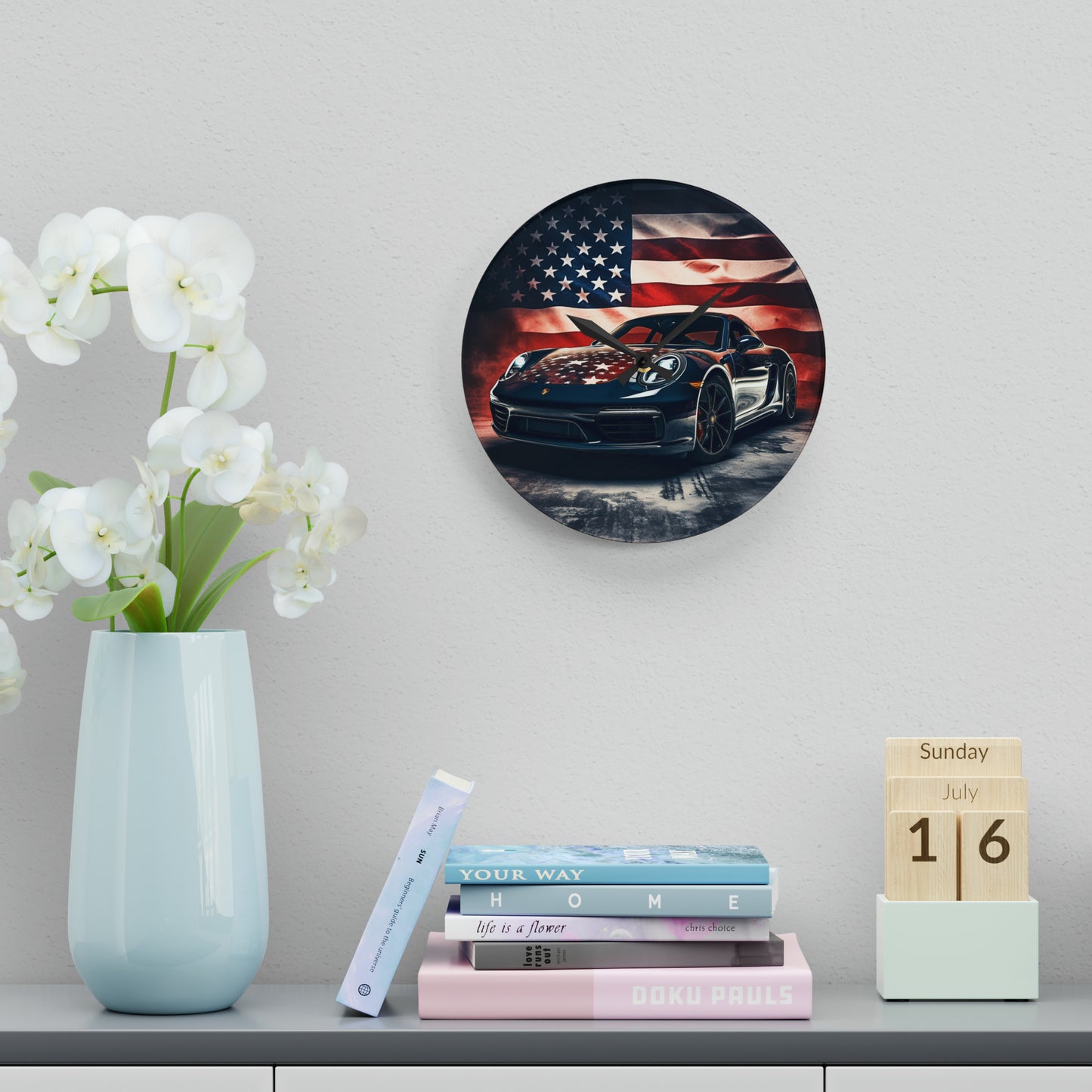 Acrylic Wall Clock Abstract American Flag Background Porsche 2