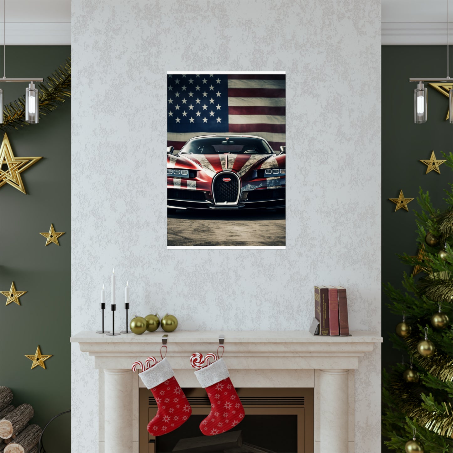 Premium Matte Vertical Posters American Flag Background Bugatti 3