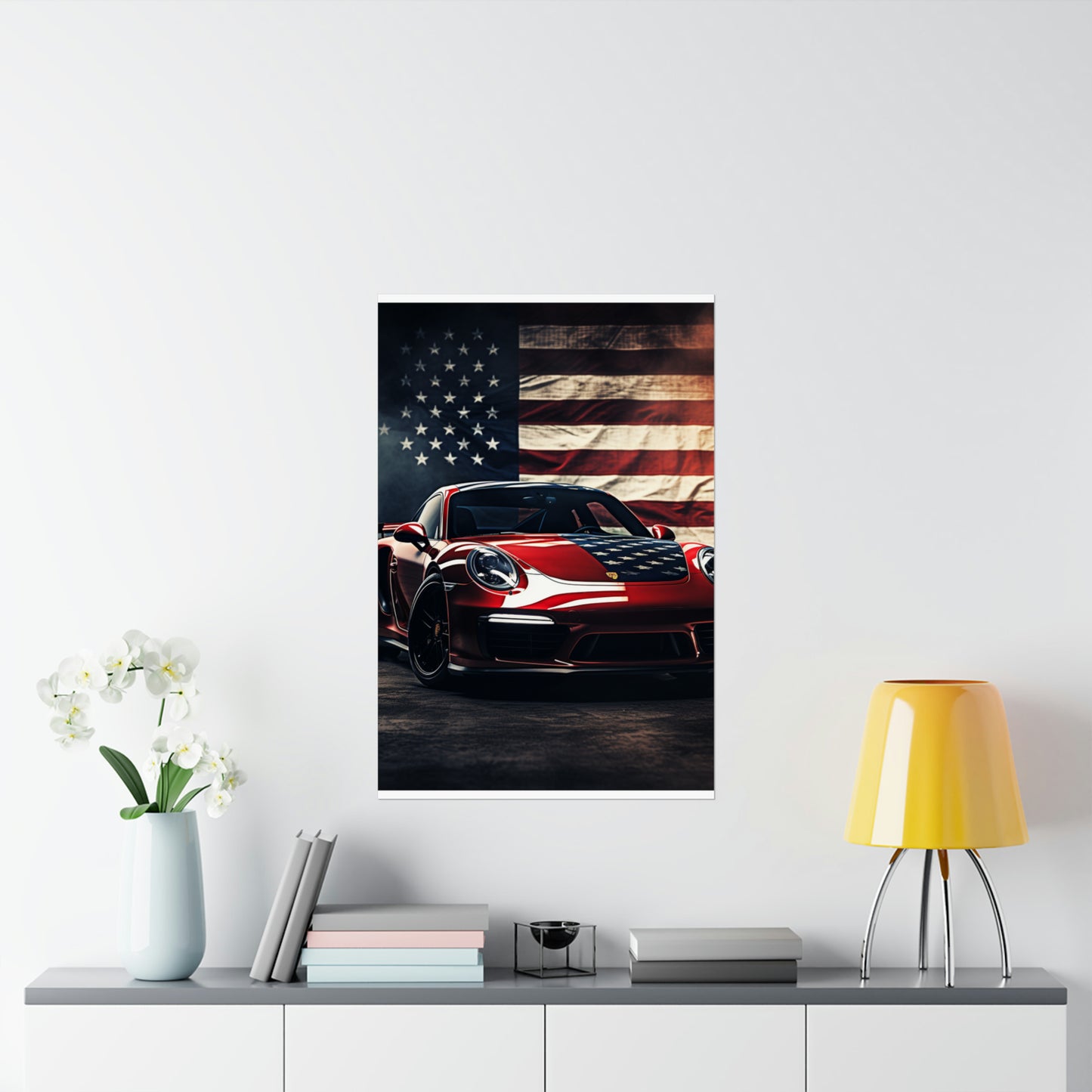 Premium Matte Vertical Posters American Flag Background Porsche 2