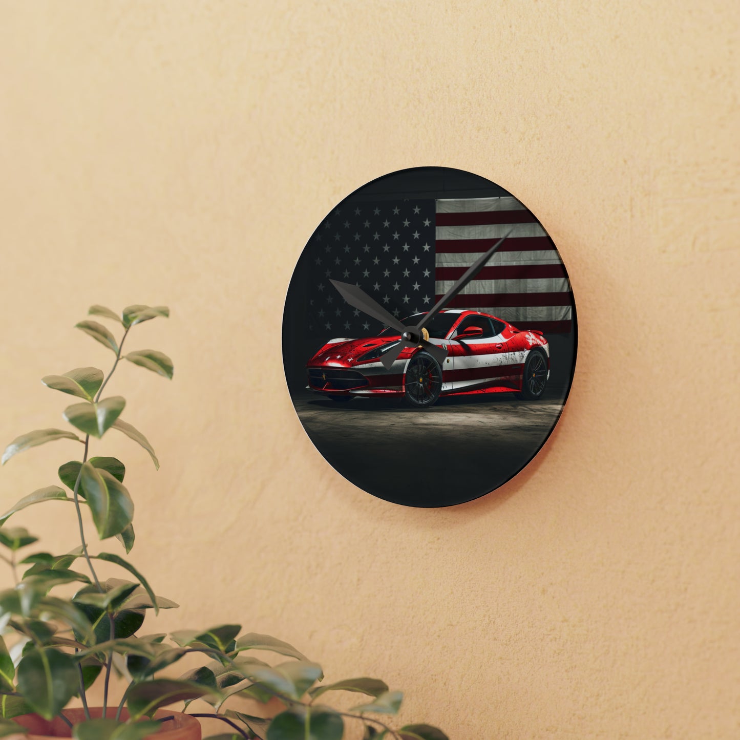 Acrylic Wall Clock American Flag Background Ferrari 1