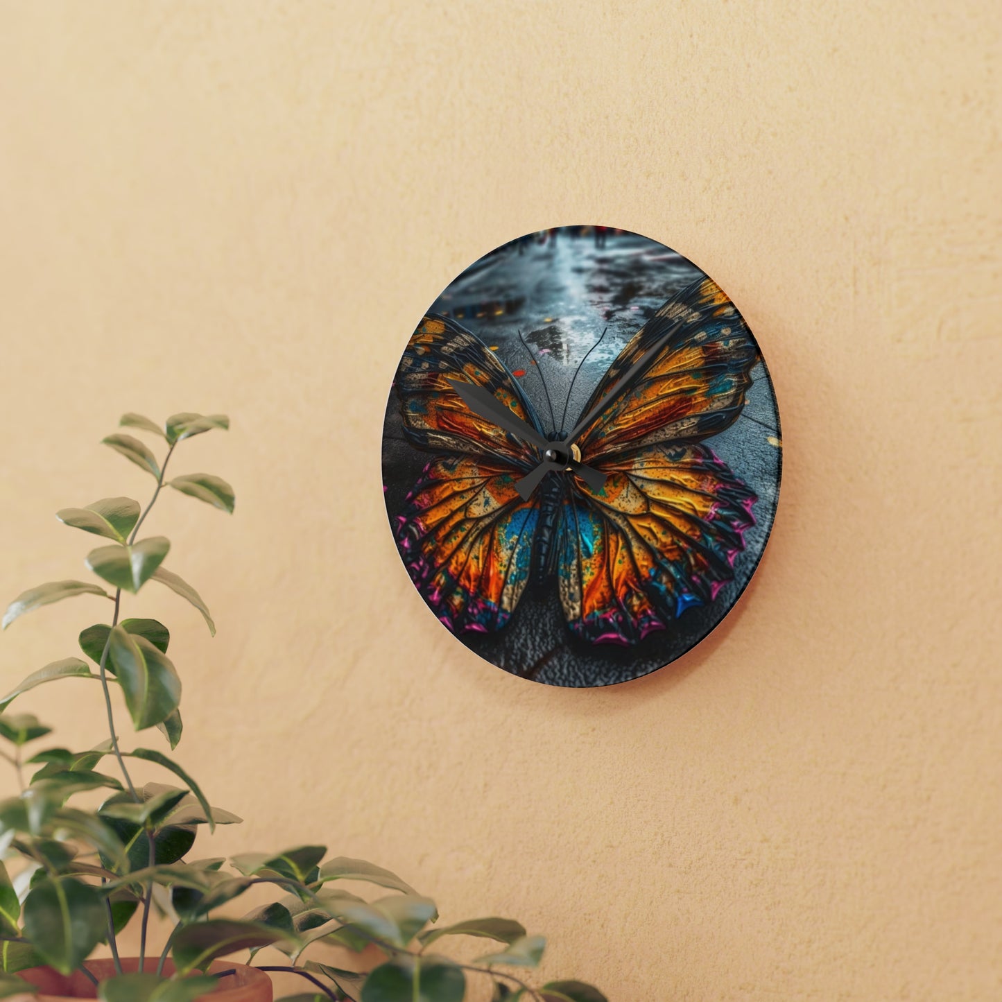 Acrylic Wall Clock Liquid Street Butterfly 1