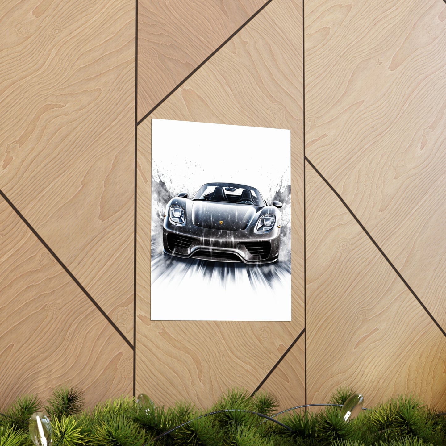 Premium Matte Vertical Posters 918 Spyder white background driving fast with water splashing 3