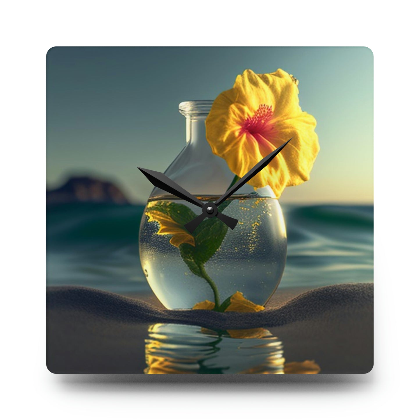 Acrylic Wall Clock Yellow Hibiscus glass 2