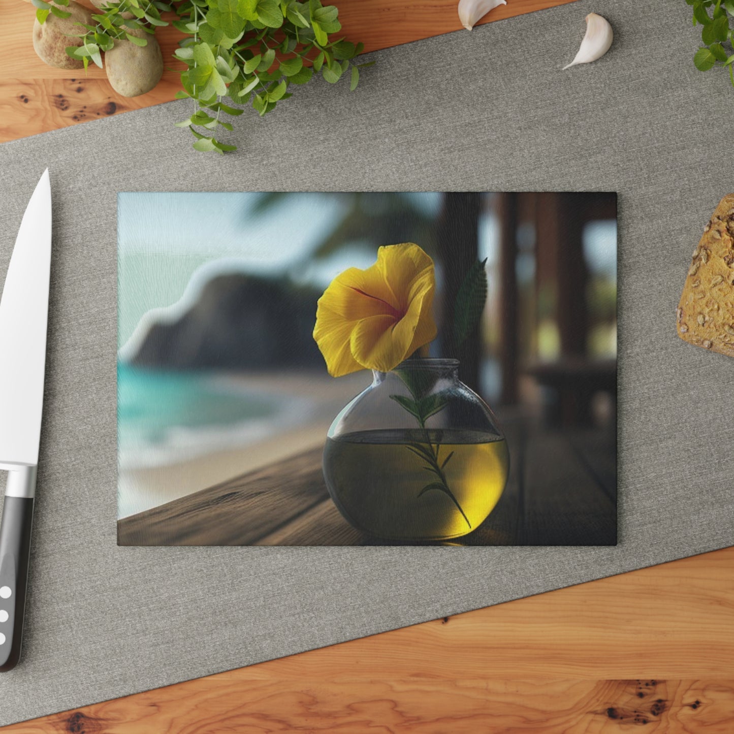 Glass Cutting Board Yellow Hibiscus Wood 3