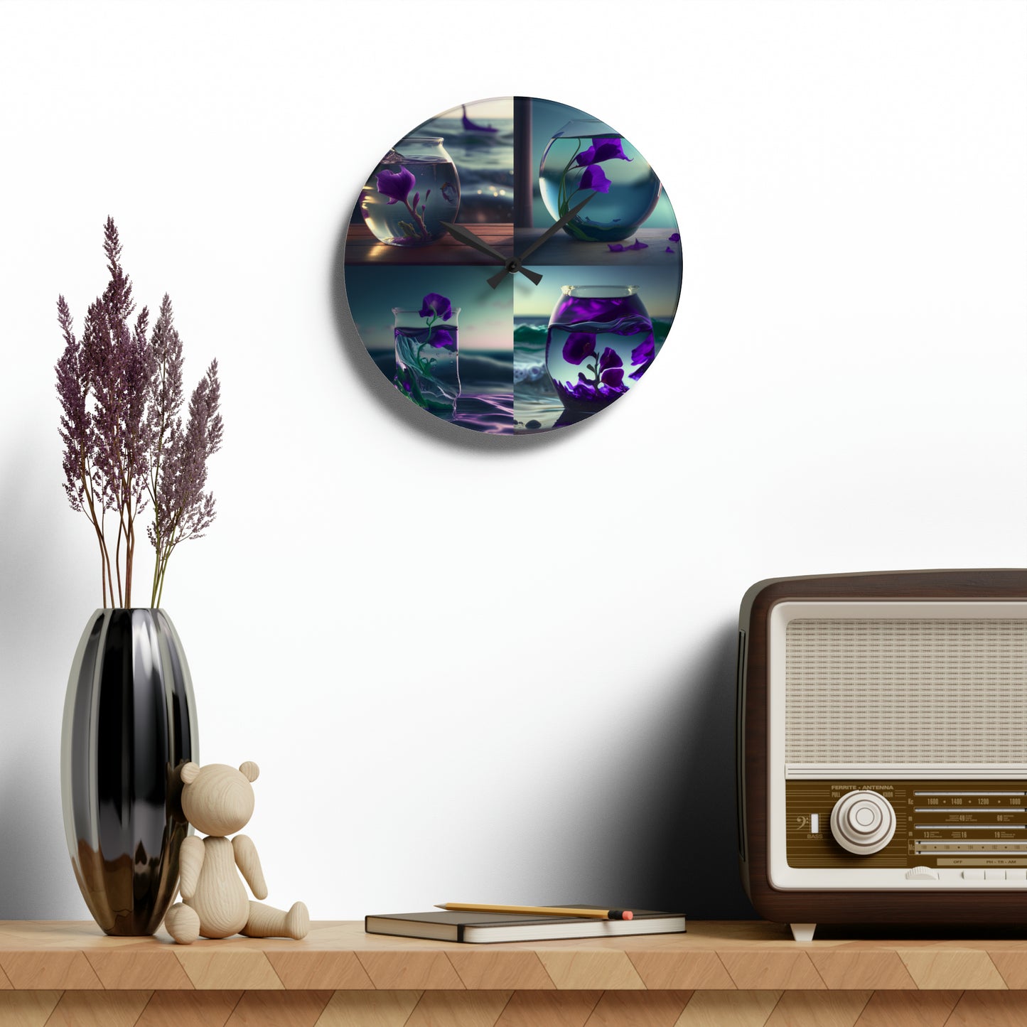 Acrylic Wall Clock Purple Sweet pea in a vase 5