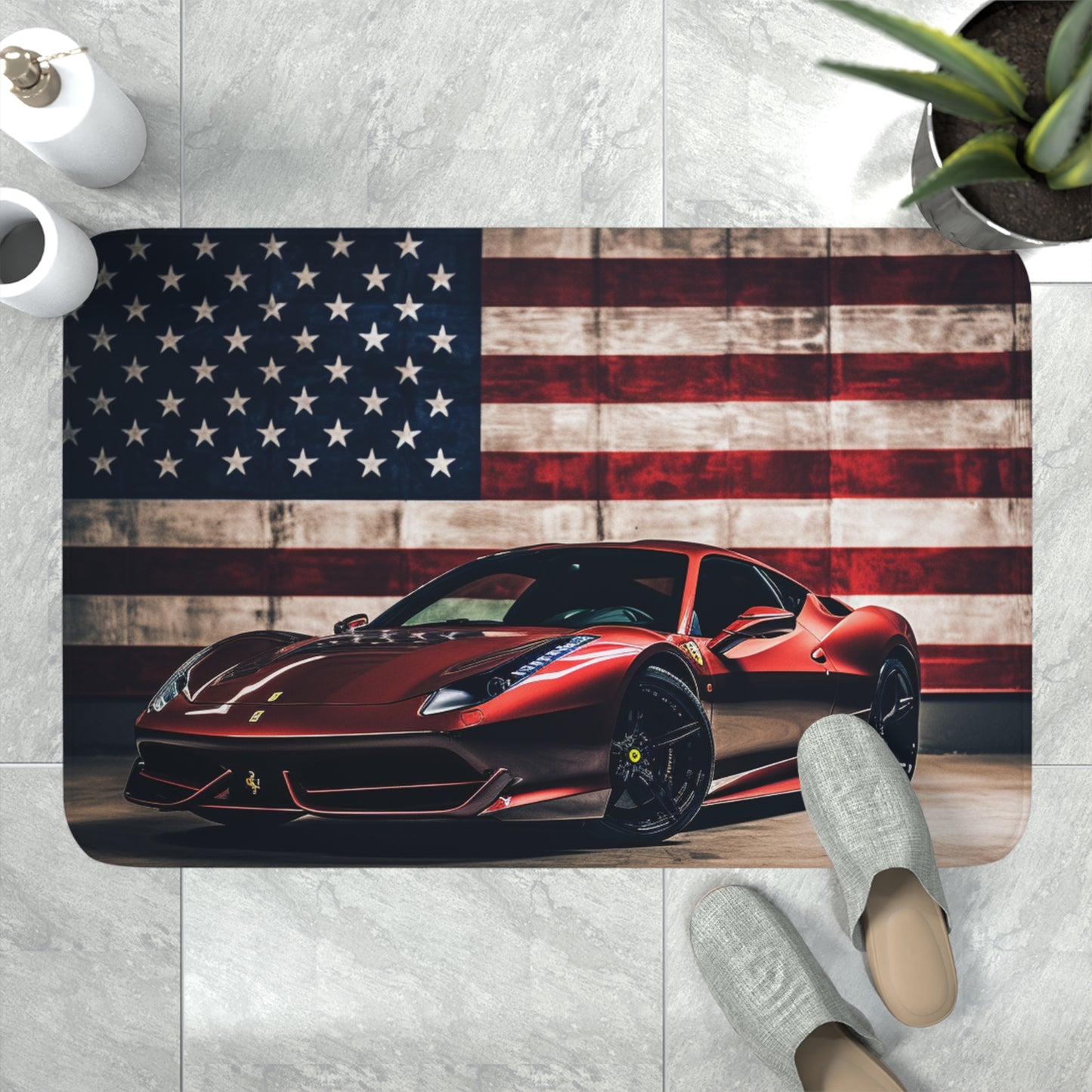 Memory Foam Bath Mat American Flag Background Ferrari 4