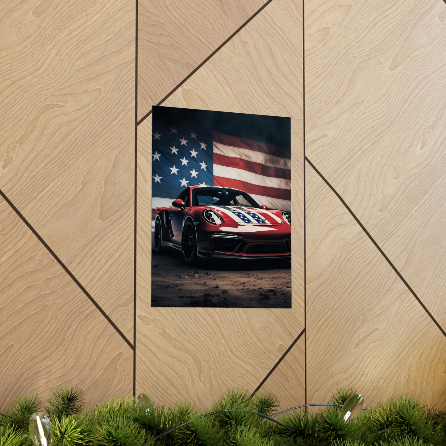 Premium Matte Vertical Posters American Flag Background Porsche 3