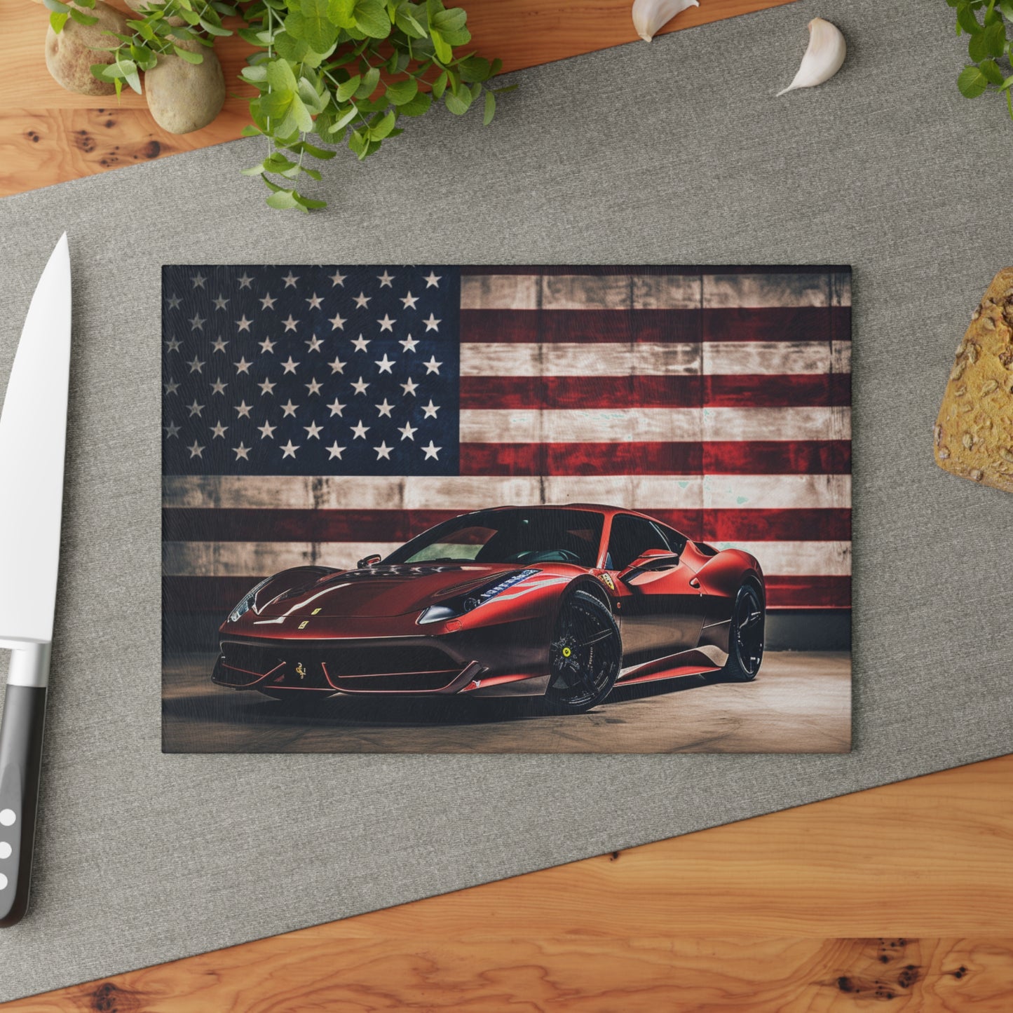 Glass Cutting Board American Flag Background Ferrari 4