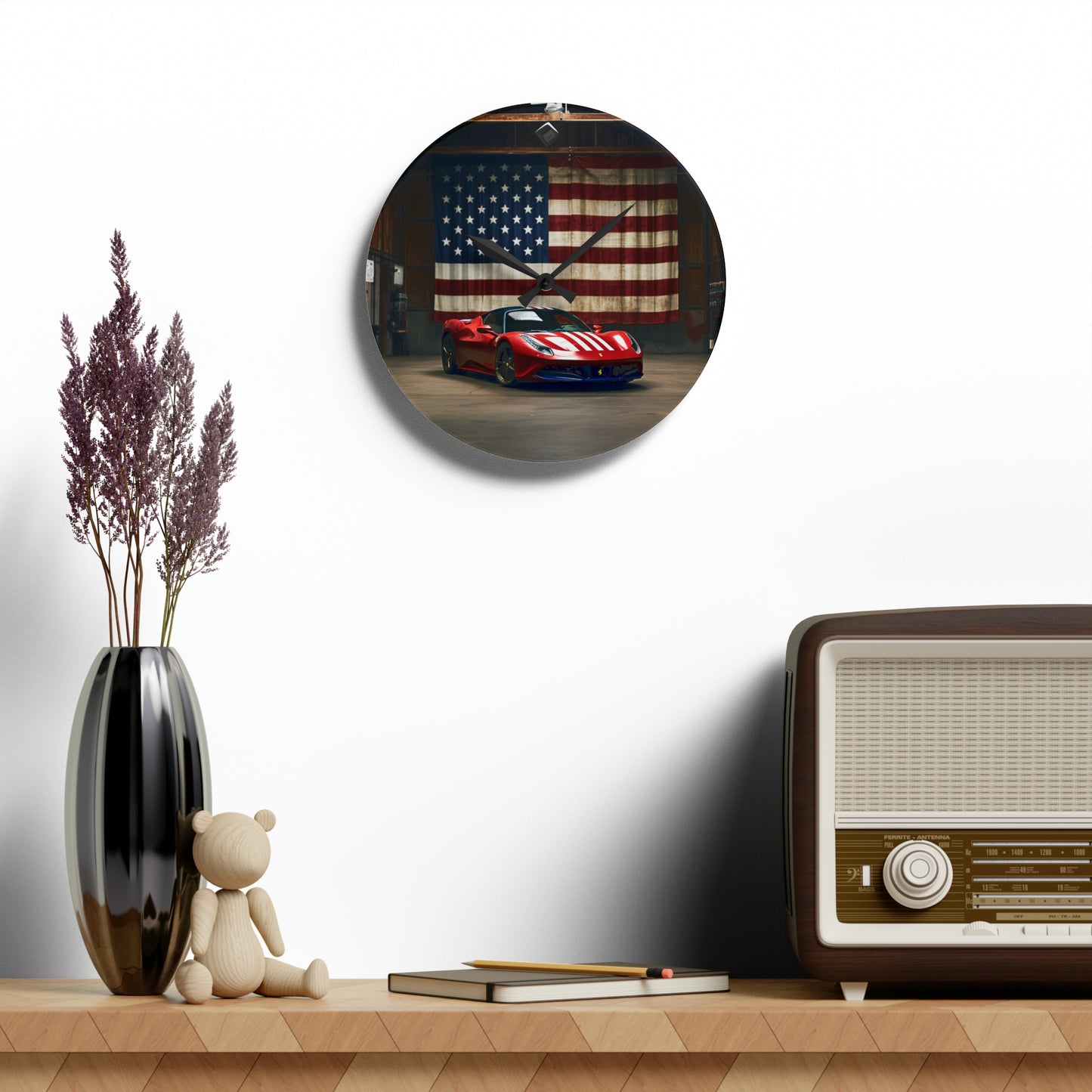 Acrylic Wall Clock American Flag Farrari 4