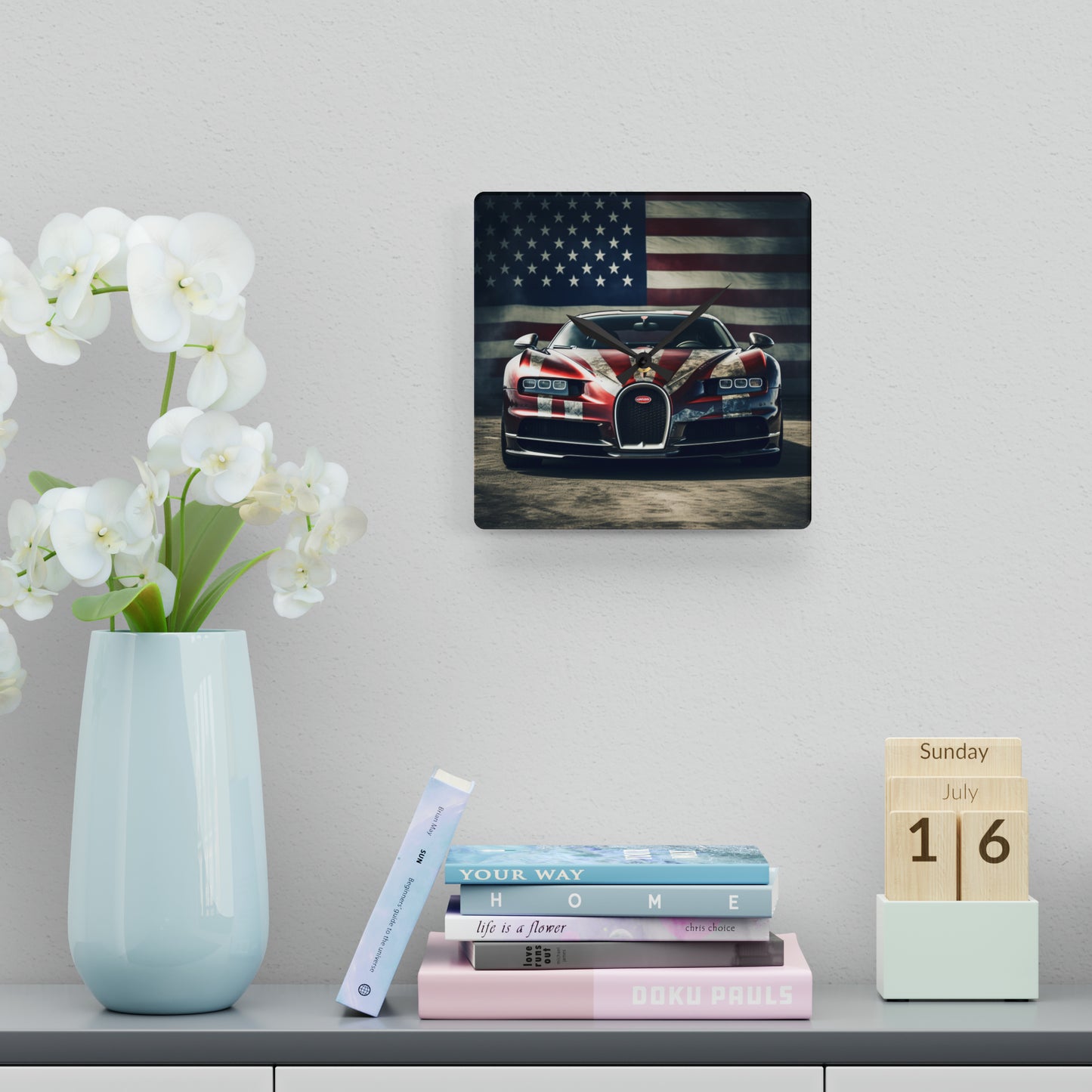 Acrylic Wall Clock American Flag Background Bugatti 3