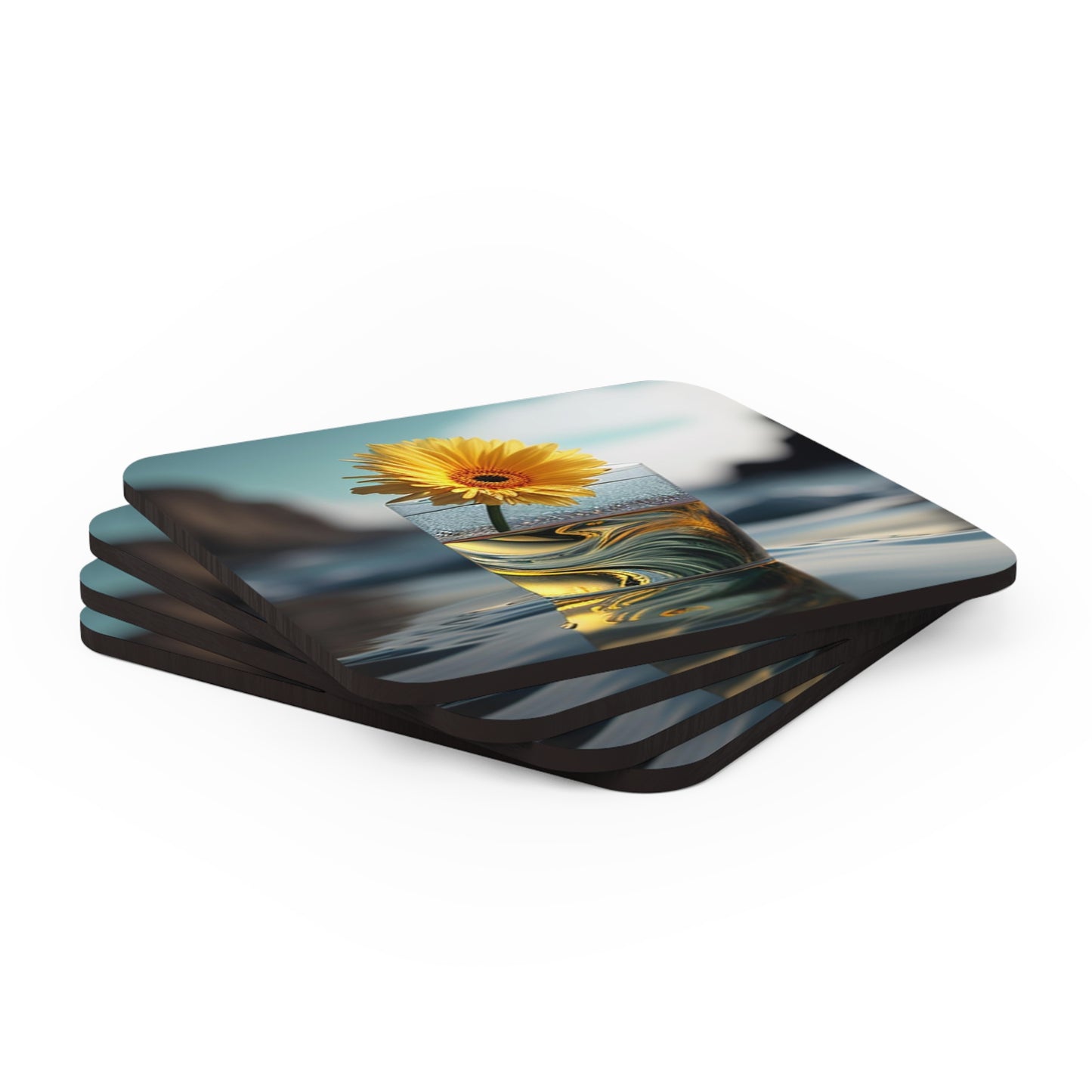 Corkwood Coaster Set yello Gerbera glass 2