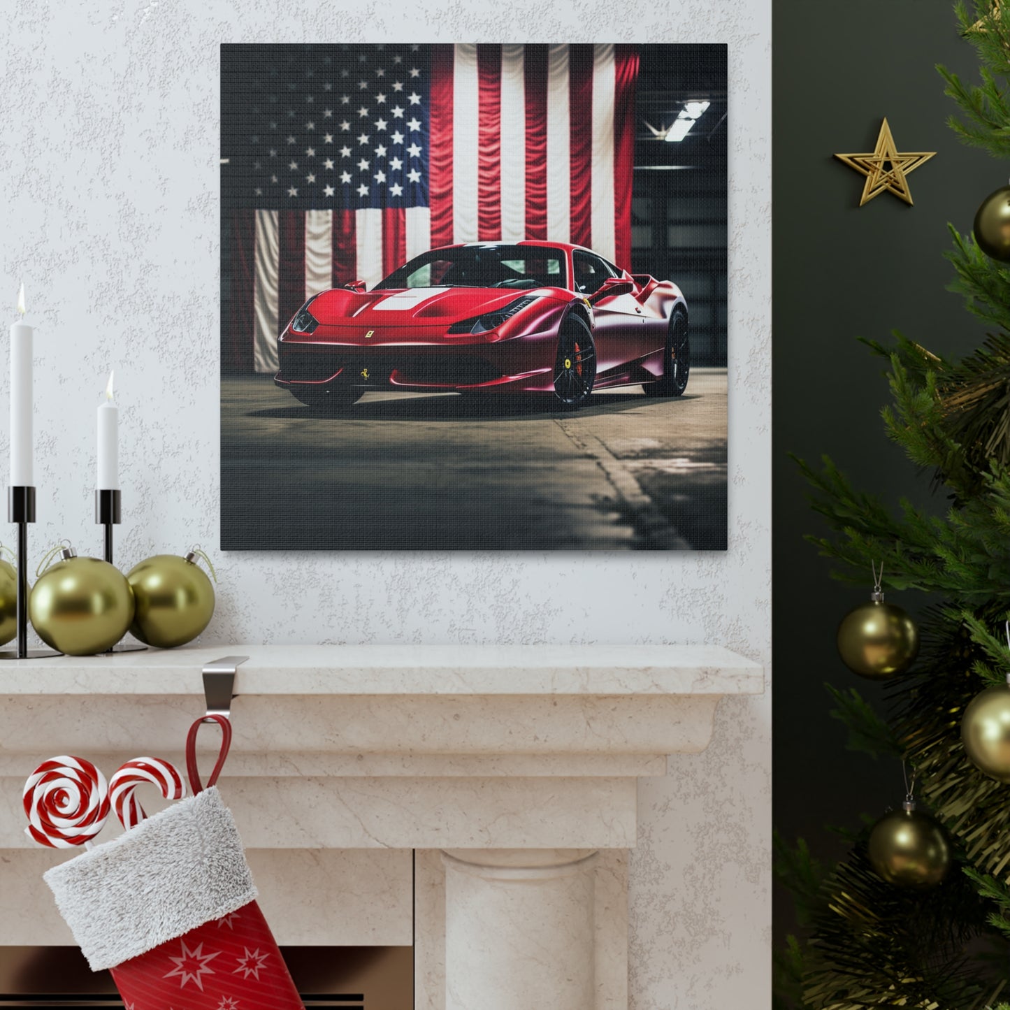 Canvas Gallery Wraps American Flag Background Ferrari 3