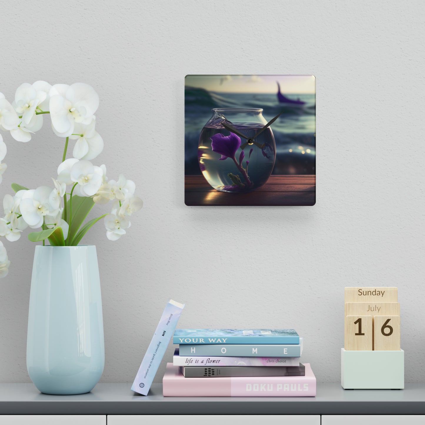 Acrylic Wall Clock Purple Sweet pea in a vase 1