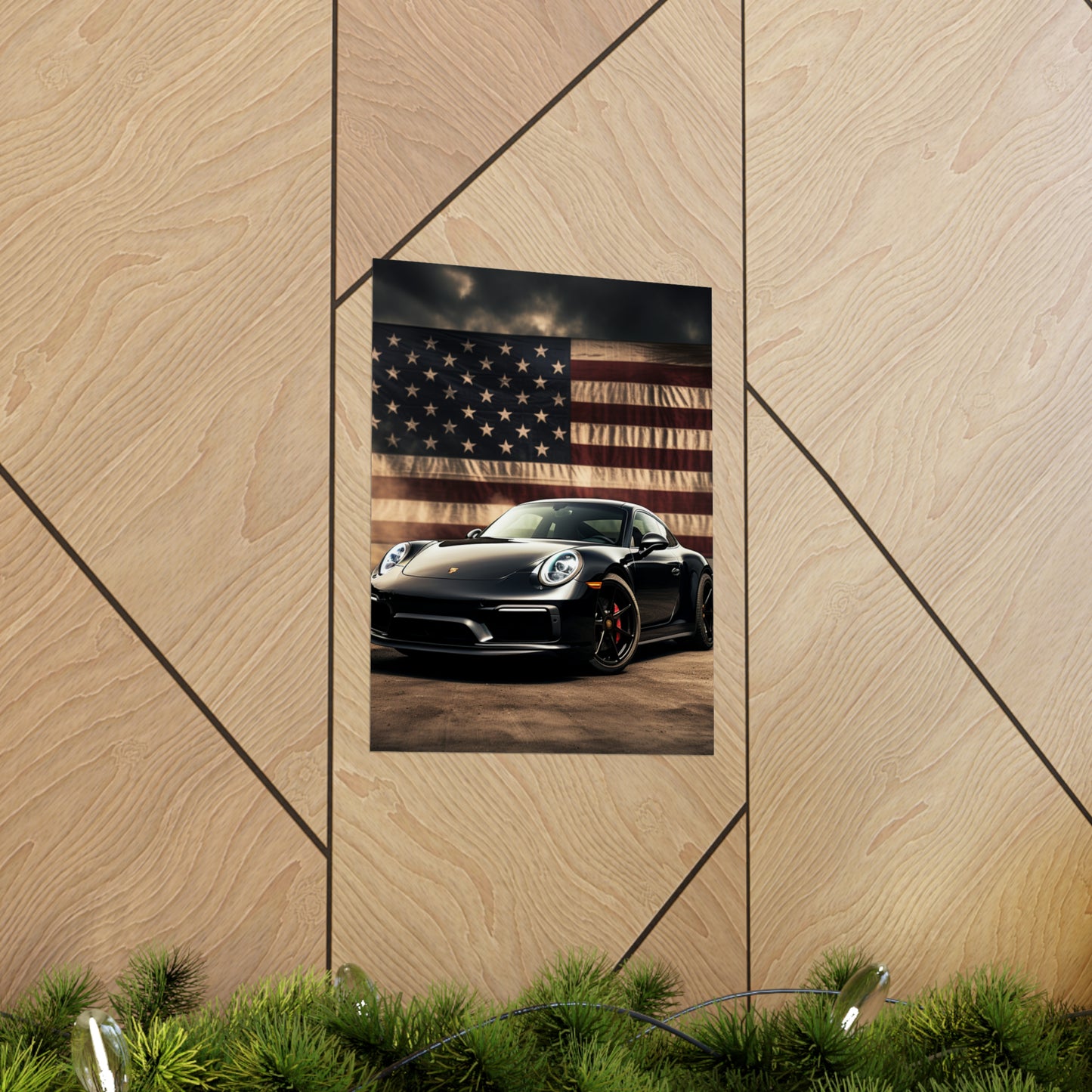 Premium Matte Vertical Posters American Flag Background Porsche 4