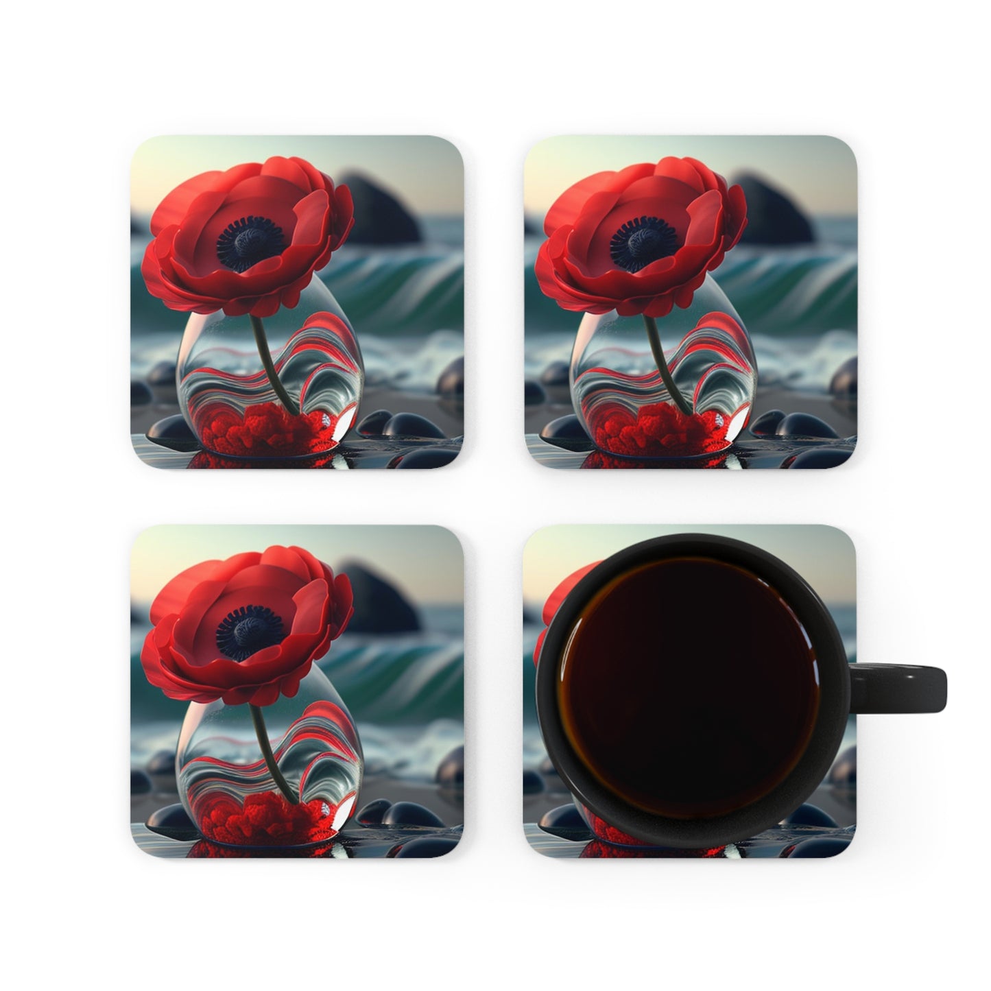 Corkwood Coaster Set Red Anemone in a Vase 1