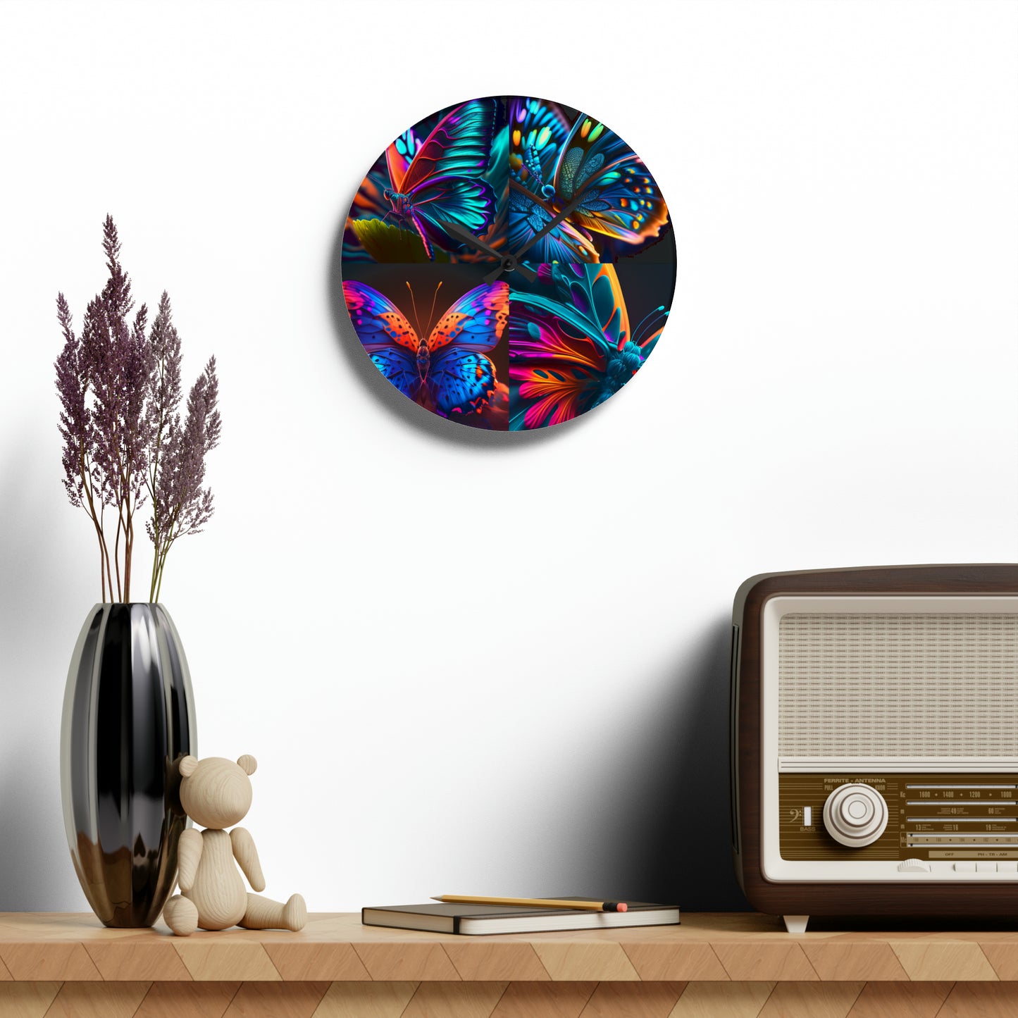 Acrylic Wall Clock Neon Butterfly Macro 5