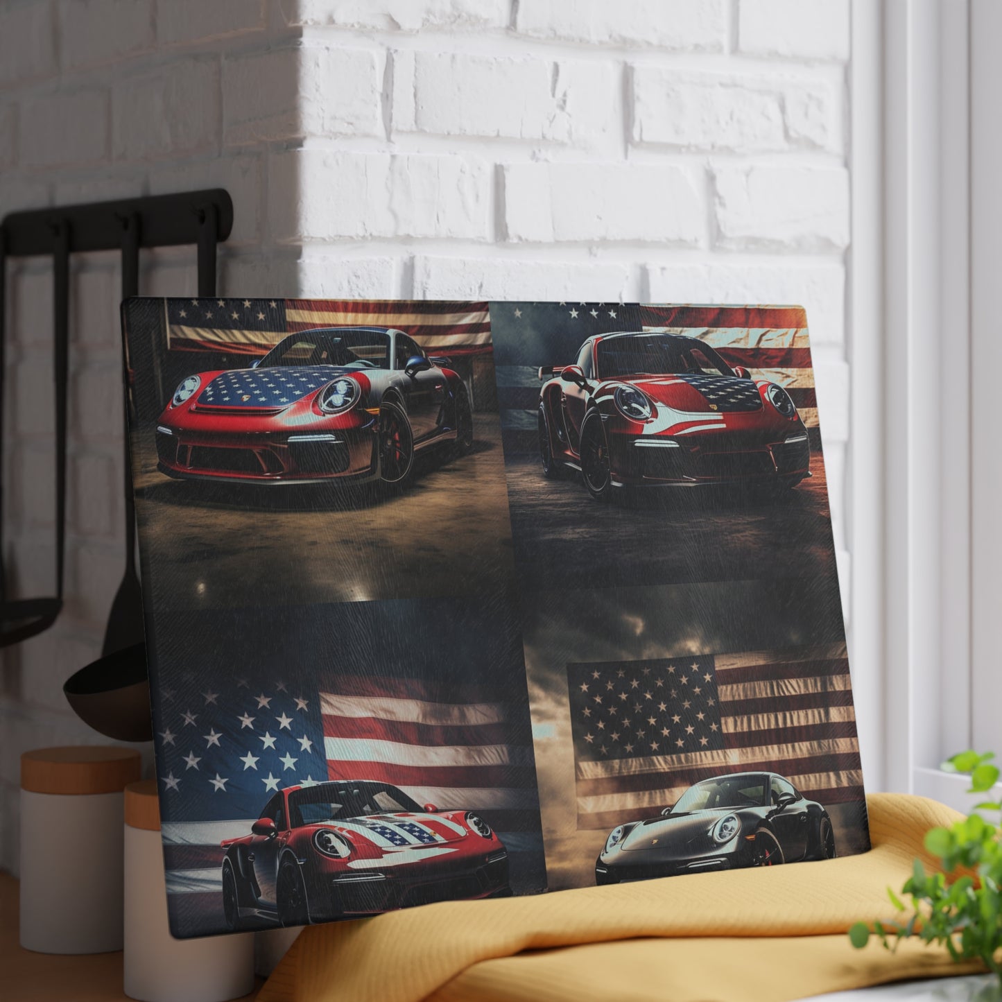 Glass Cutting Board American Flag Background Porsche 5