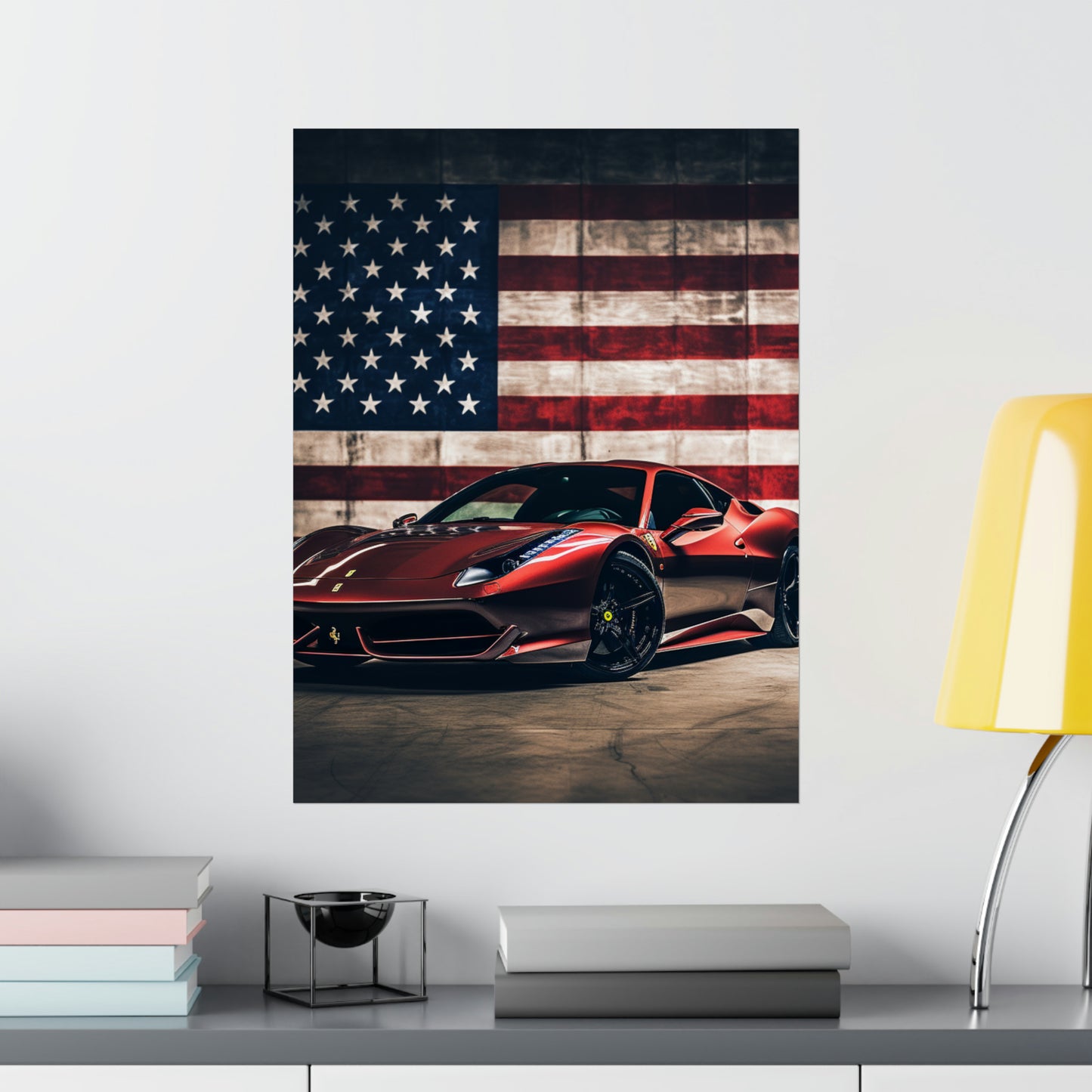 Premium Matte Vertical Posters American Flag Background Ferrari 4