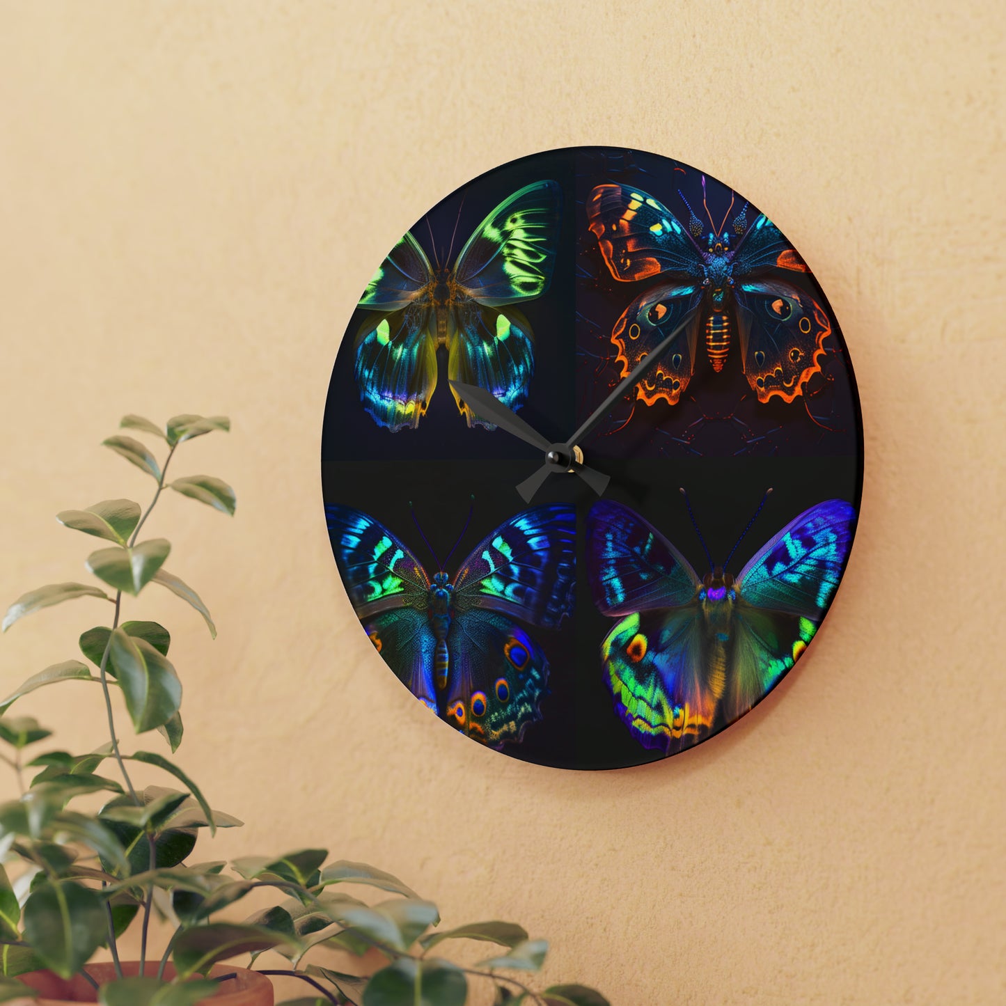 Acrylic Wall Clock Neon Hue Butterfly 5