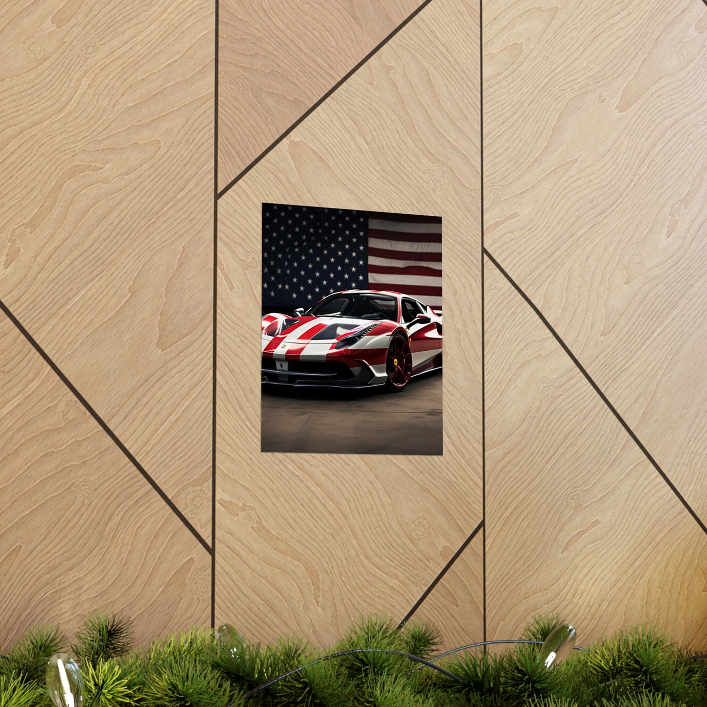 Premium Matte Vertical Posters American Flag Background Ferrari 2