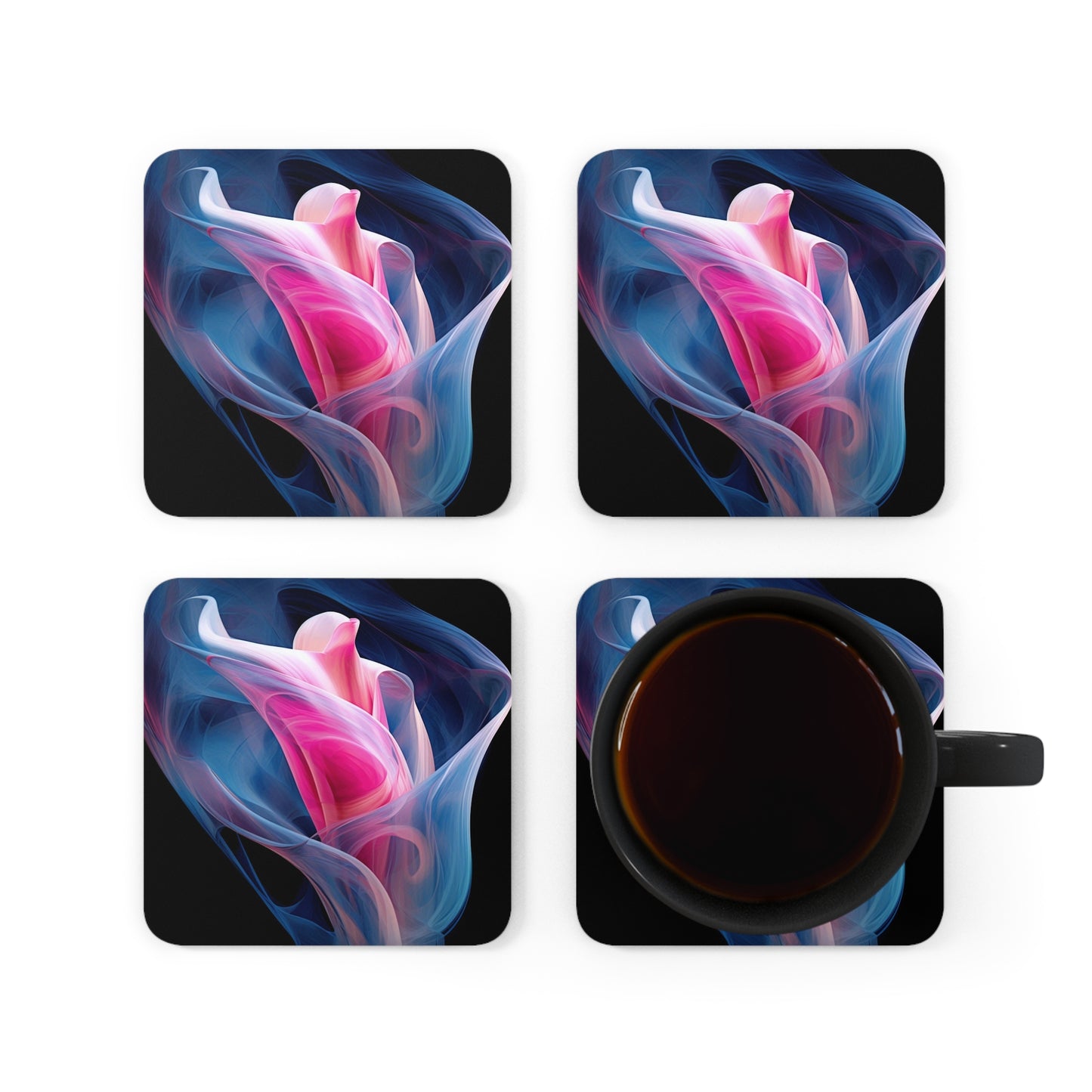 Corkwood Coaster Set Pink & Blue Tulip Rose 3