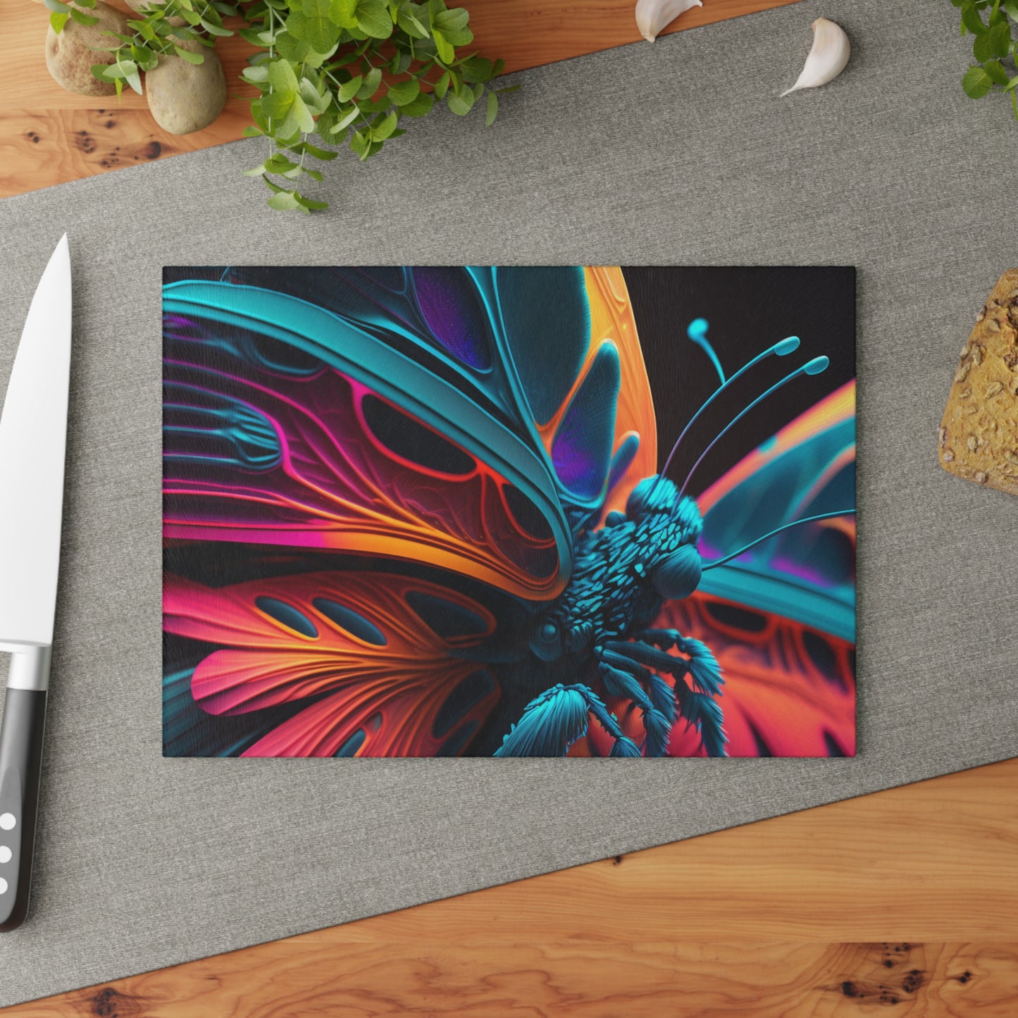 Glass Cutting Board Neon Butterfly Macro 4