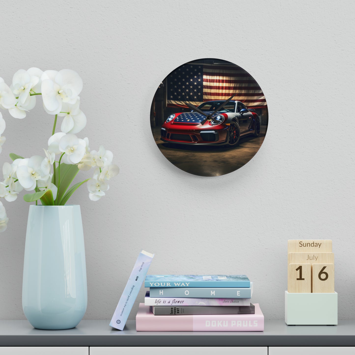 Acrylic Wall Clock American Flag Background Porsche 1