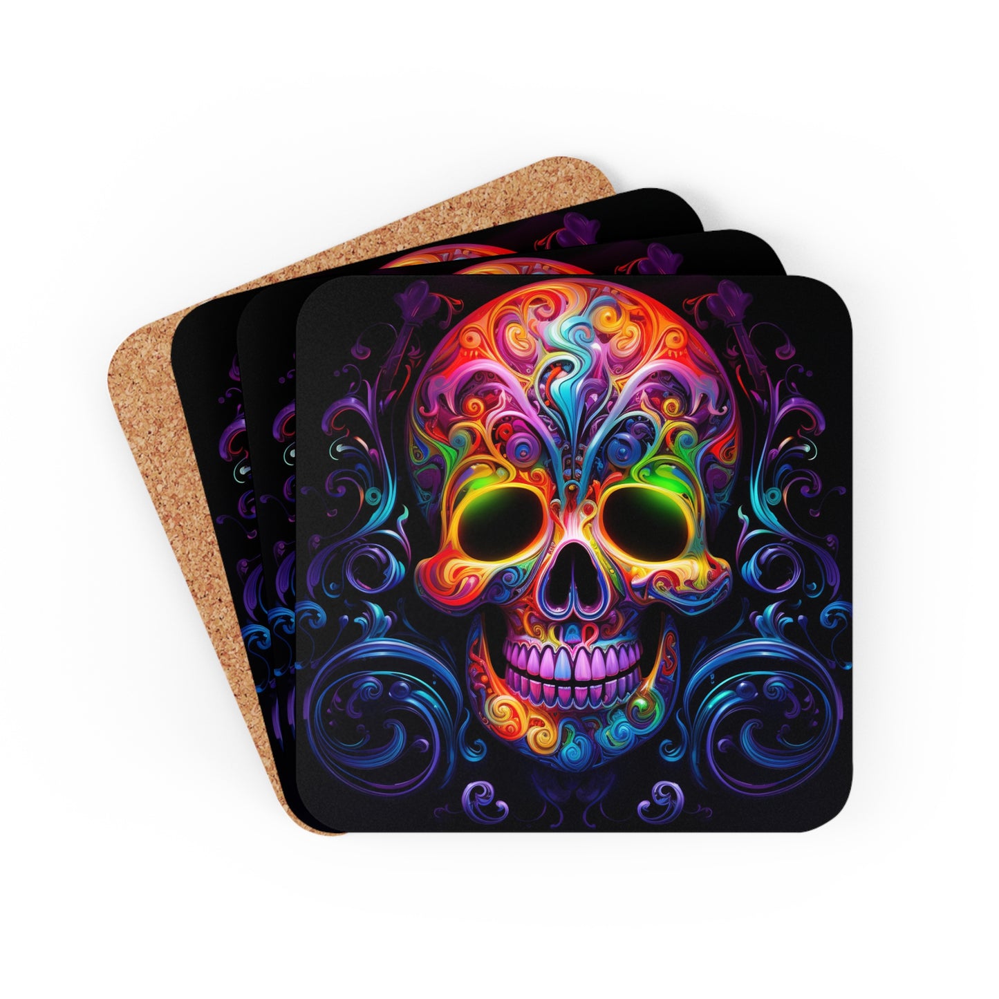 Corkwood Coaster Set Macro Skull Color 2