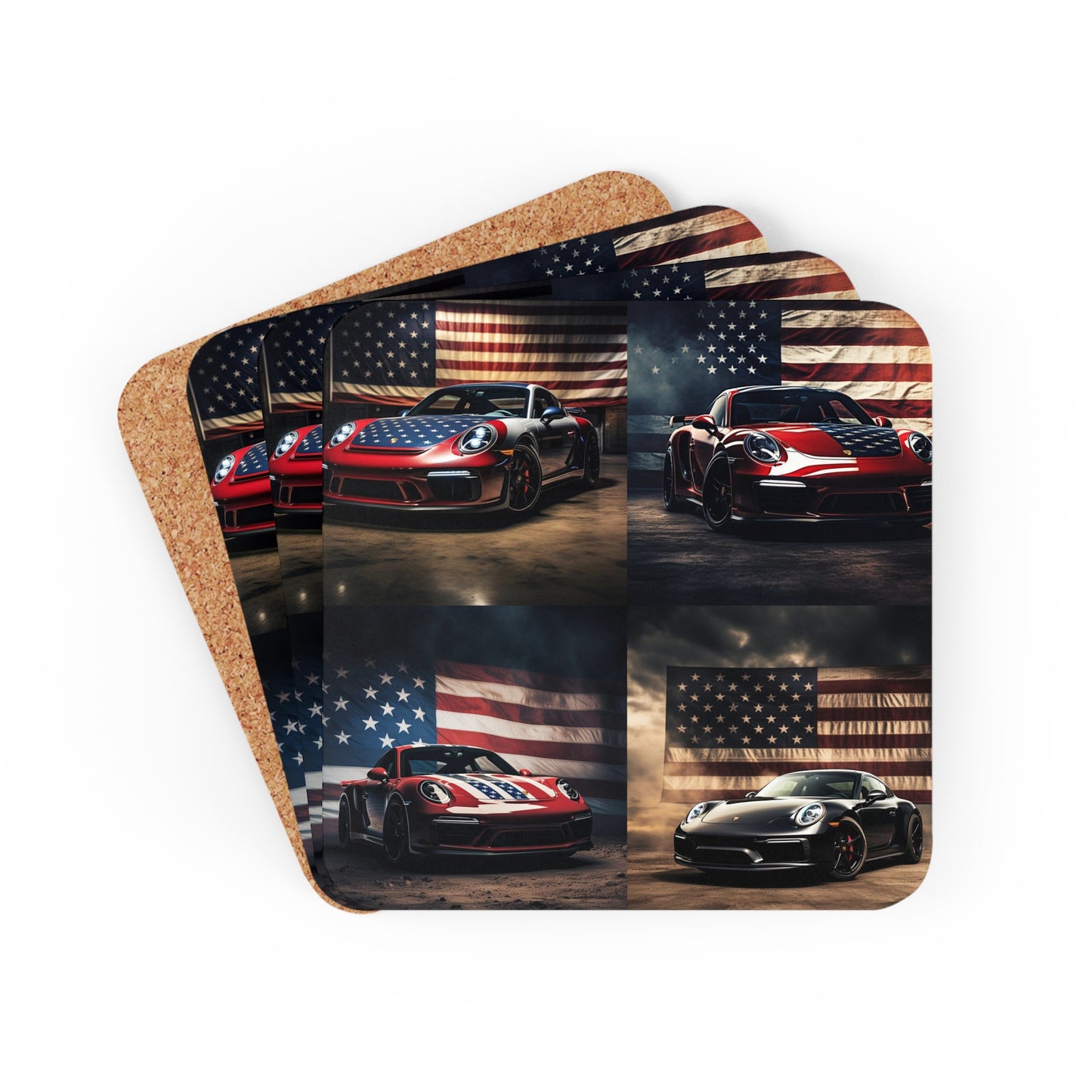 Corkwood Coaster Set American Flag Background Porsche 5
