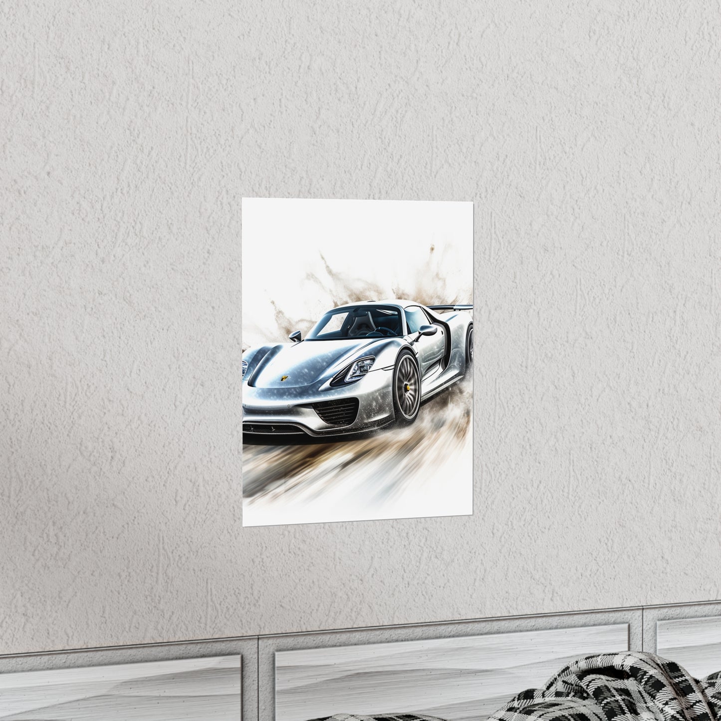 Premium Matte Vertical Posters 918 Spyder white background driving fast with water splashing 2