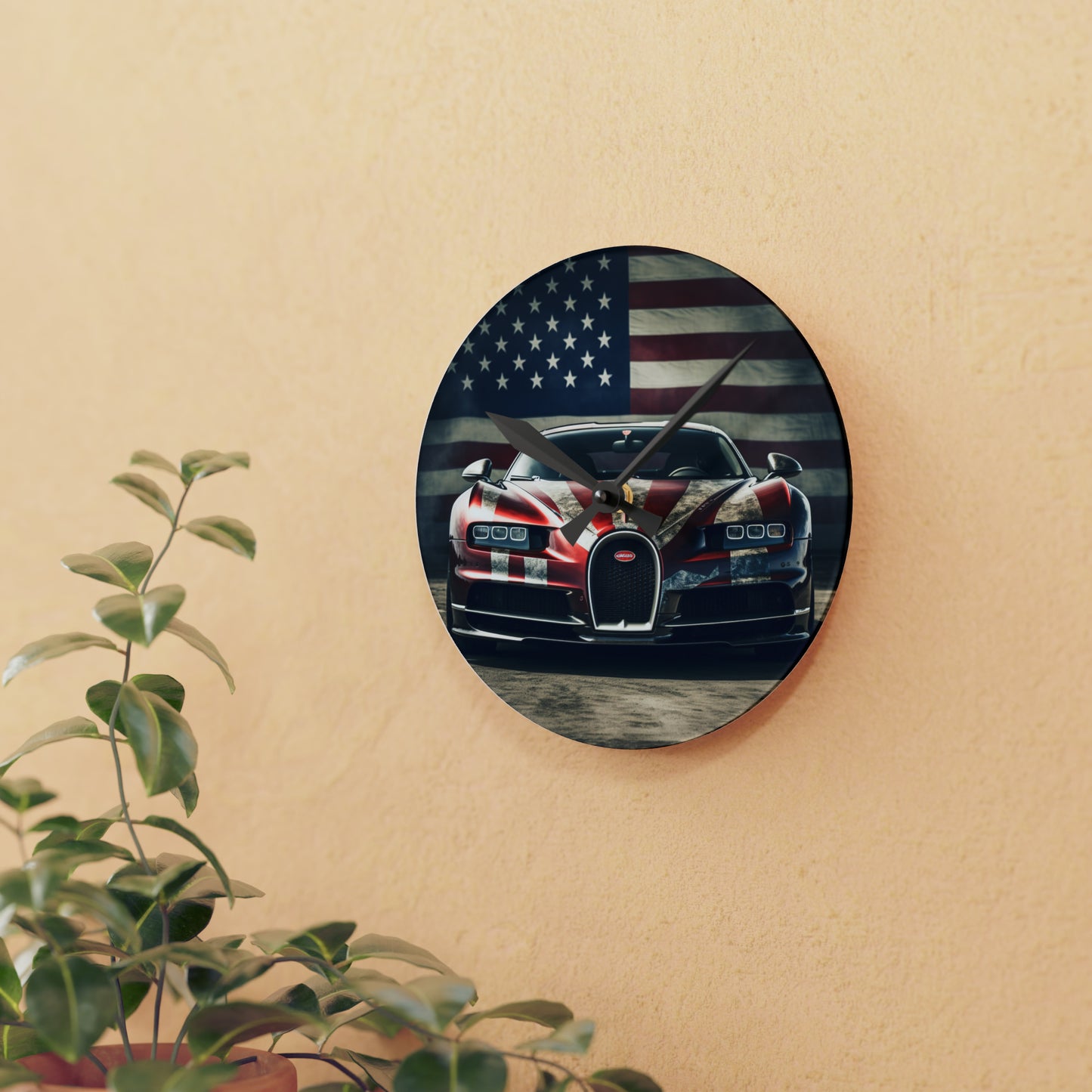 Acrylic Wall Clock American Flag Background Bugatti 3