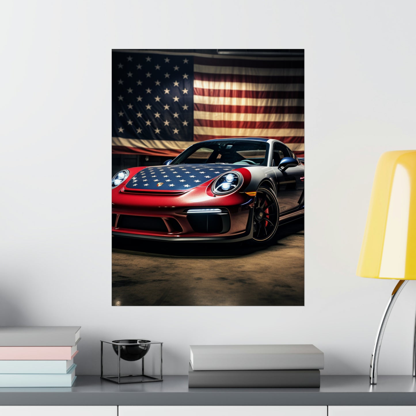 Premium Matte Vertical Posters American Flag Background Porsche 1