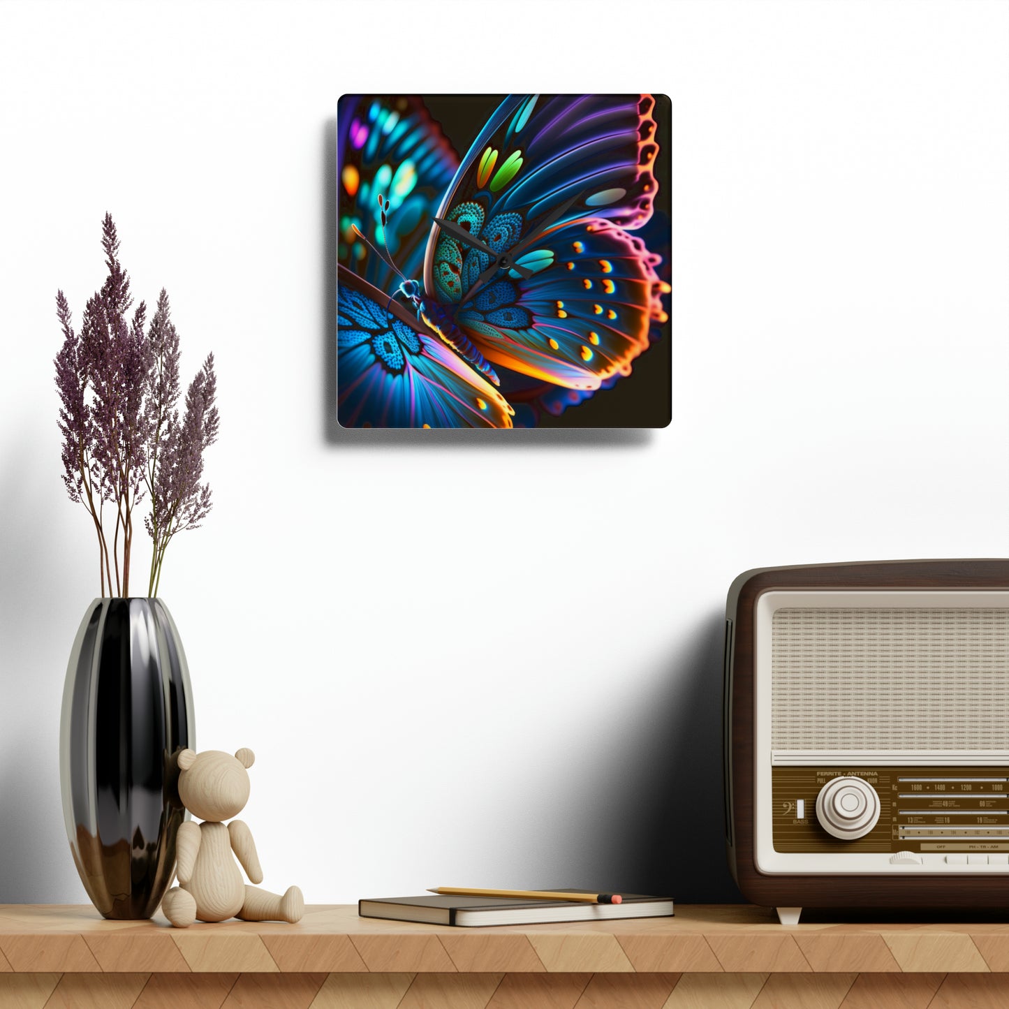 Acrylic Wall Clock Neon Butterfly Macro 2