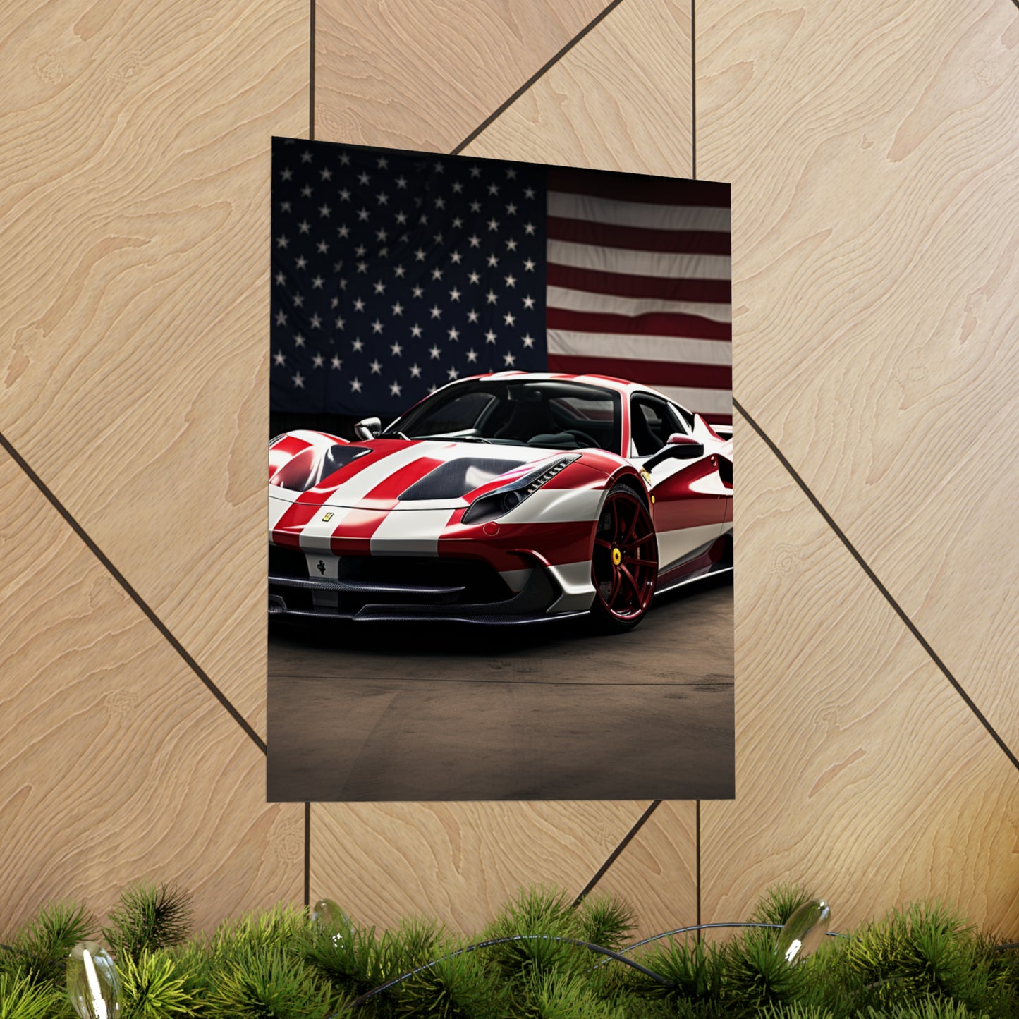 Premium Matte Vertical Posters American Flag Background Ferrari 2