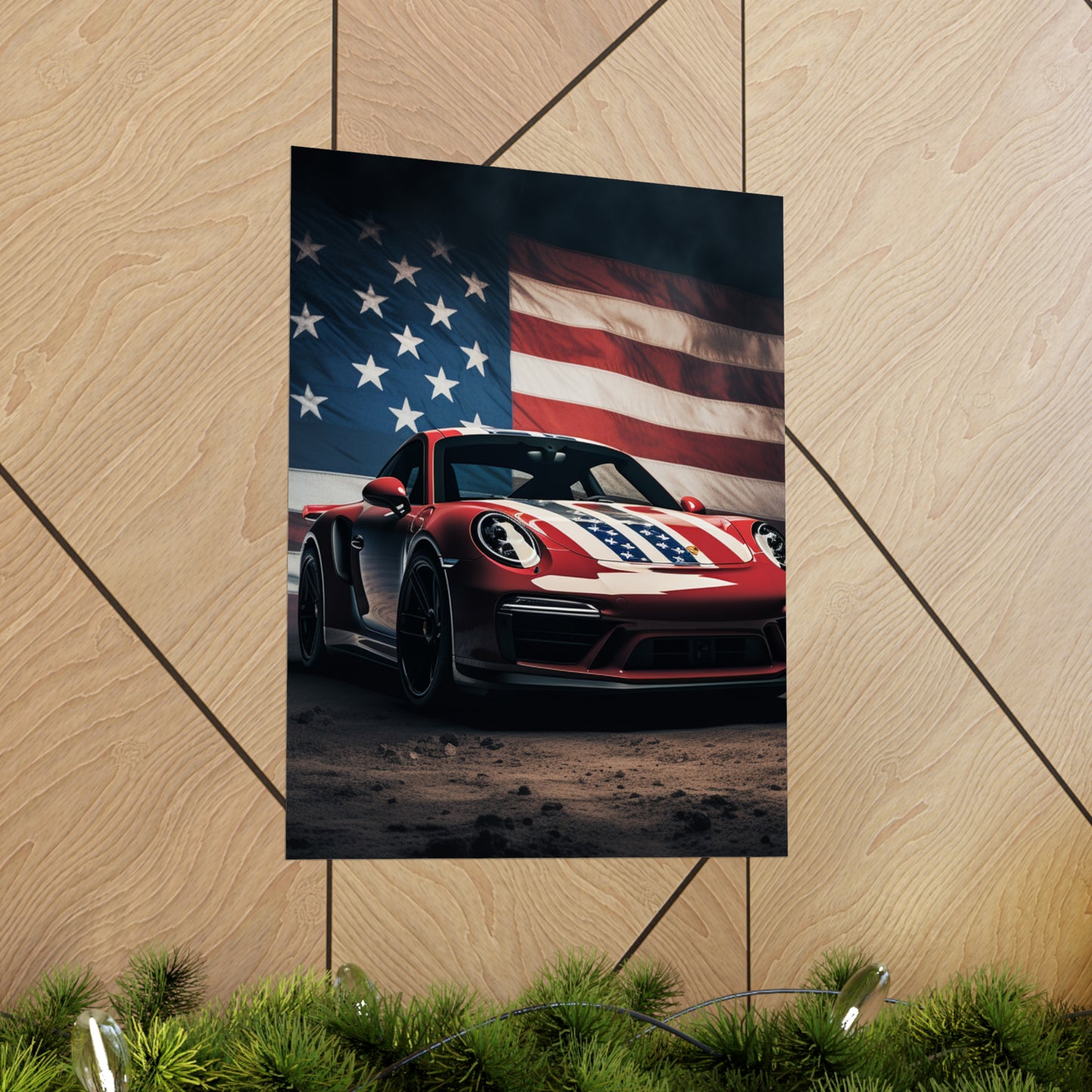 Premium Matte Vertical Posters American Flag Background Porsche 3