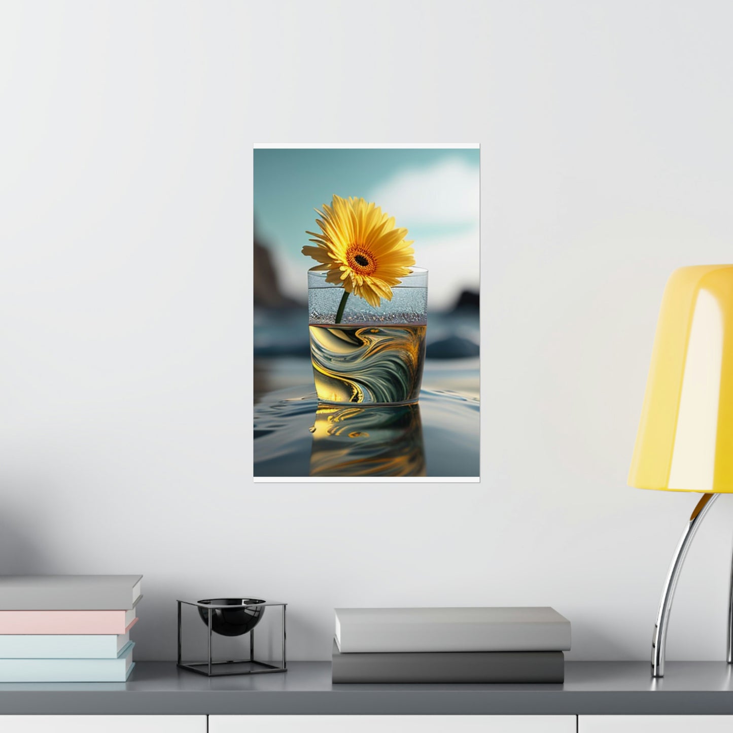 Premium Matte Vertical Posters yello Gerbera glass 2